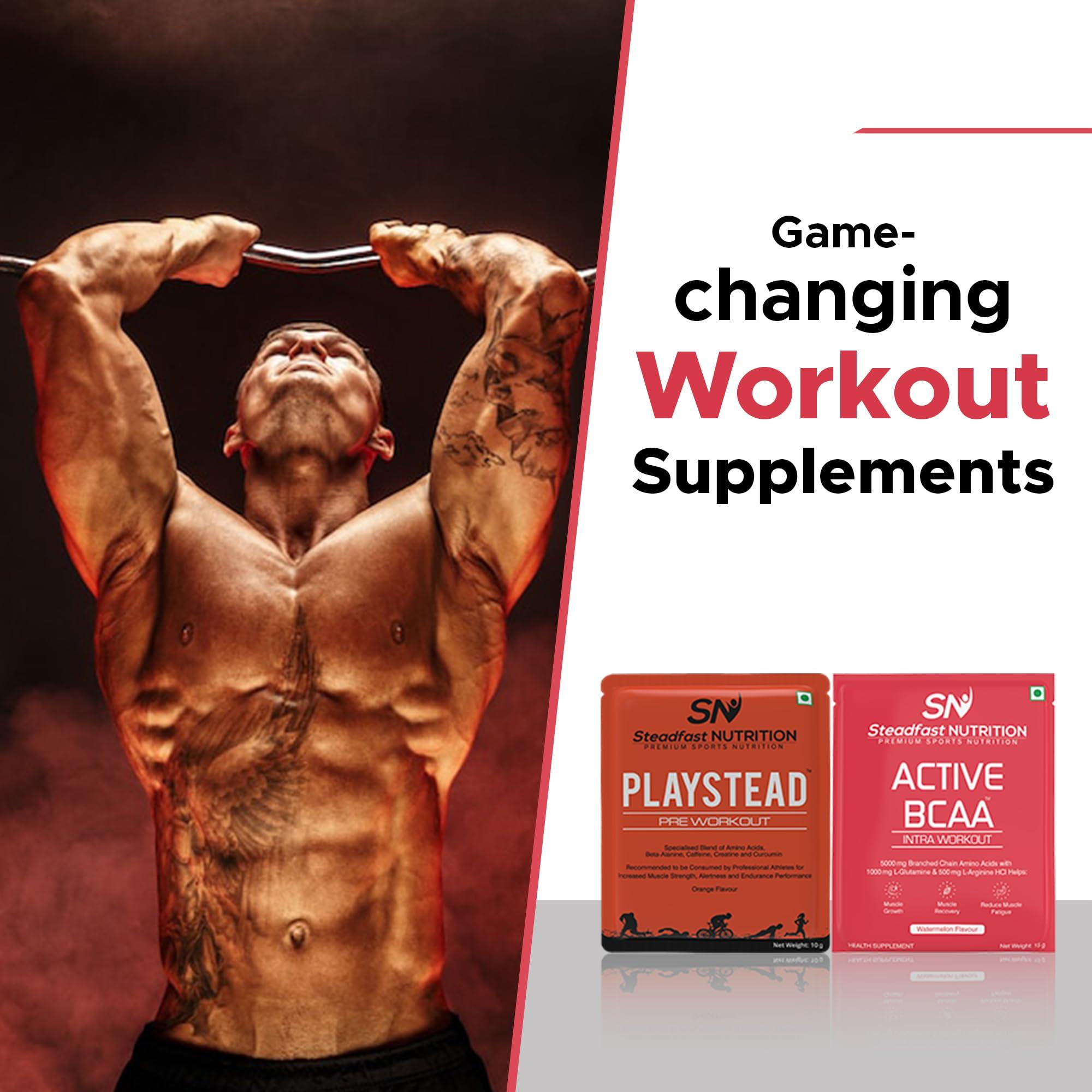 Steadfast Nutrition Steadfast Nutrition Active BCAA | Pre Workout BCAA Supplement in 2:1:1 Ratio | Muscle Recovery & Endurance, Intra workout | BCAA with L-Glutamine & L-Arginine | Watermelon Flavour (450g, 30 Sachets)