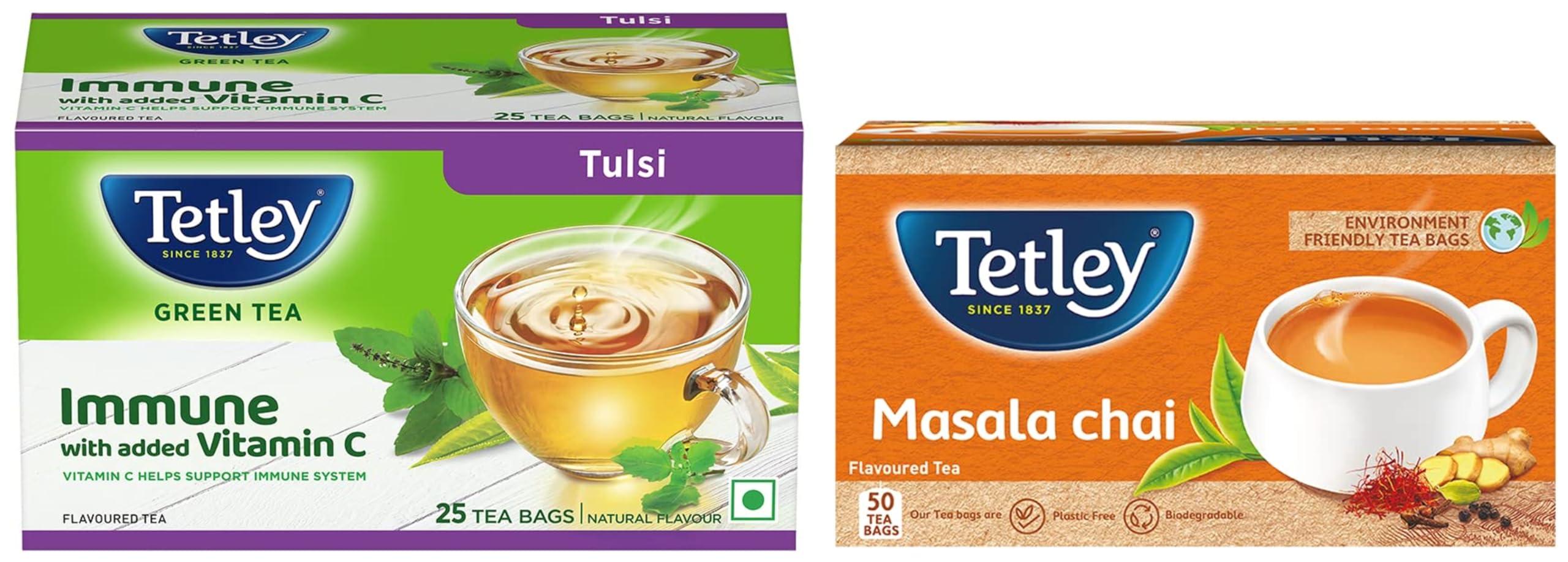 Tetley Tetley | Masala Chai with Natural Flavour | Black Tea | 50 Tea Bags & Tetley Green Tea Immune Tulsi | With Added Vitamin C | Natural Flavour | 25 Tea Bags