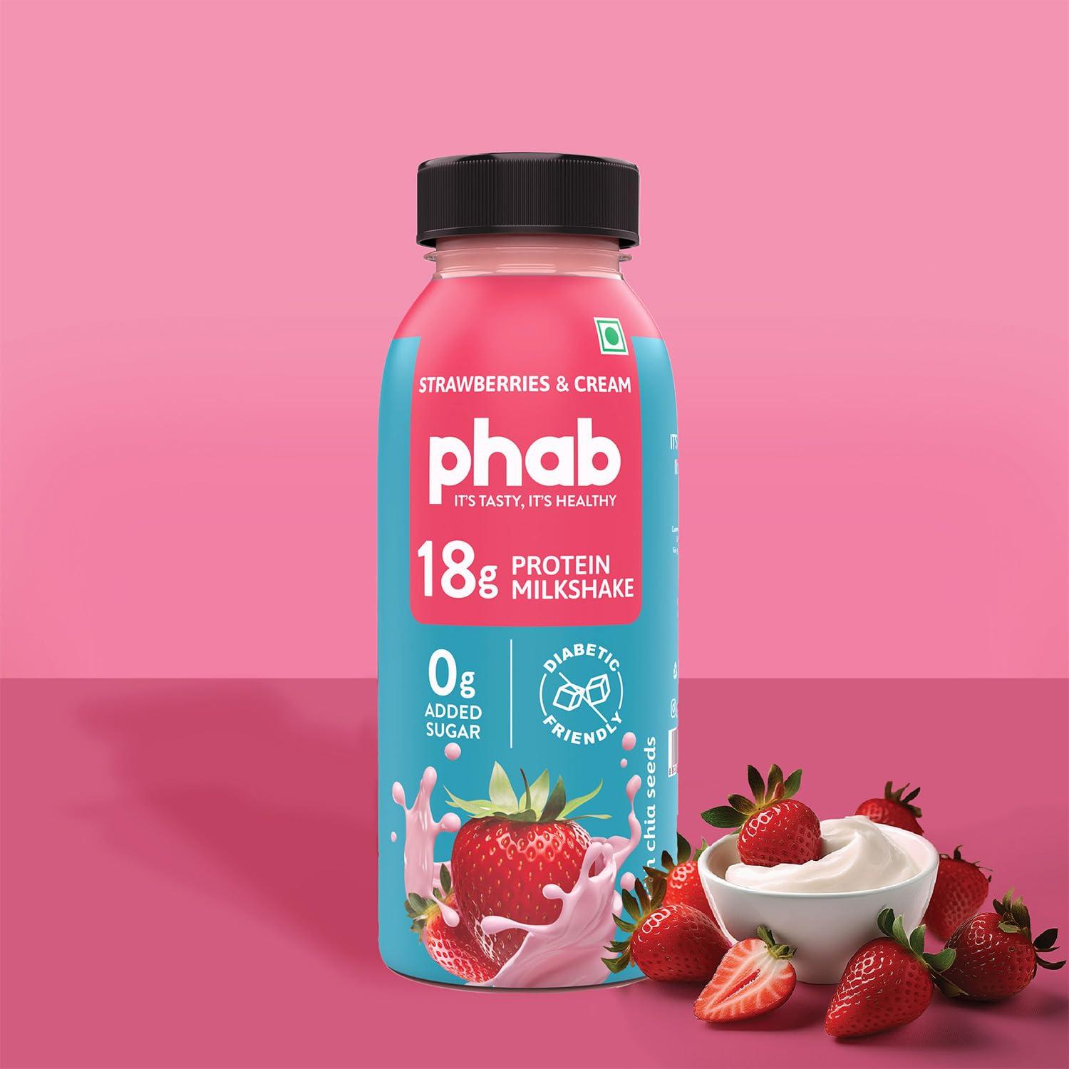 Phab Phab Strawberry Protein Milkshakes(200Ml, Pack Of 24) With 18G Protein & No Added Sugar | Gluten-Free & Gut-Friendly, Trans Fat Free | Healthy & Delicious Protein Shake