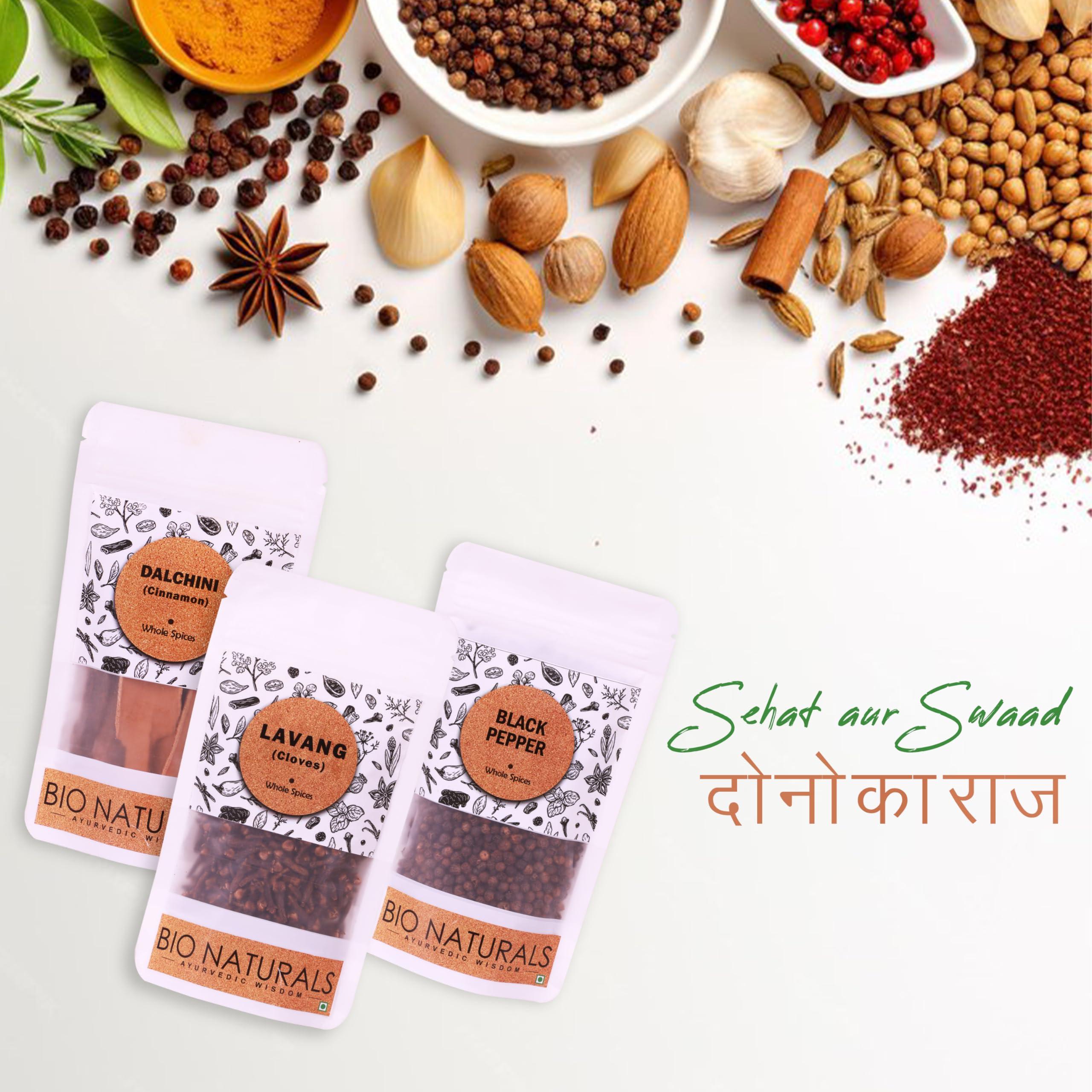 BIONATURALS Bio Naturals Exotic Combo, Cinnamon, Cloves, and Black Pepper, 100% Natural Whole Spices, No Preservatives 100gm each