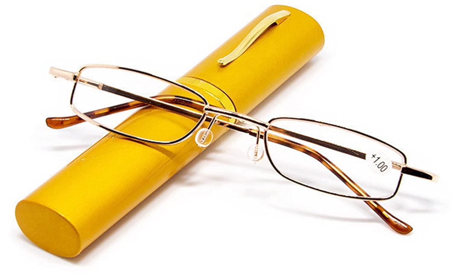Generic VOK | MINI COMPACT READING GLASSES FOR MEN AND WOMEN SUPER LIGHT METAL FRAME POCKET READERS WITH PORTABLE PEN CASE +1.00 TO +4.00 (+4.00, GOLD)