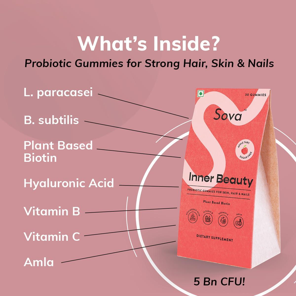 SOVA Sova Probiotic Plant Based Biotin Gummies | Acne Prevention & Glowing Skin | Prebiotics + 5 Billion CFUs Probiotics |10000 mcg Plant-Based Biotin, Hyaluronic Acid, Vitamin C, Amla | 30 Vegan Sugarless Gummies | Inner Beauty