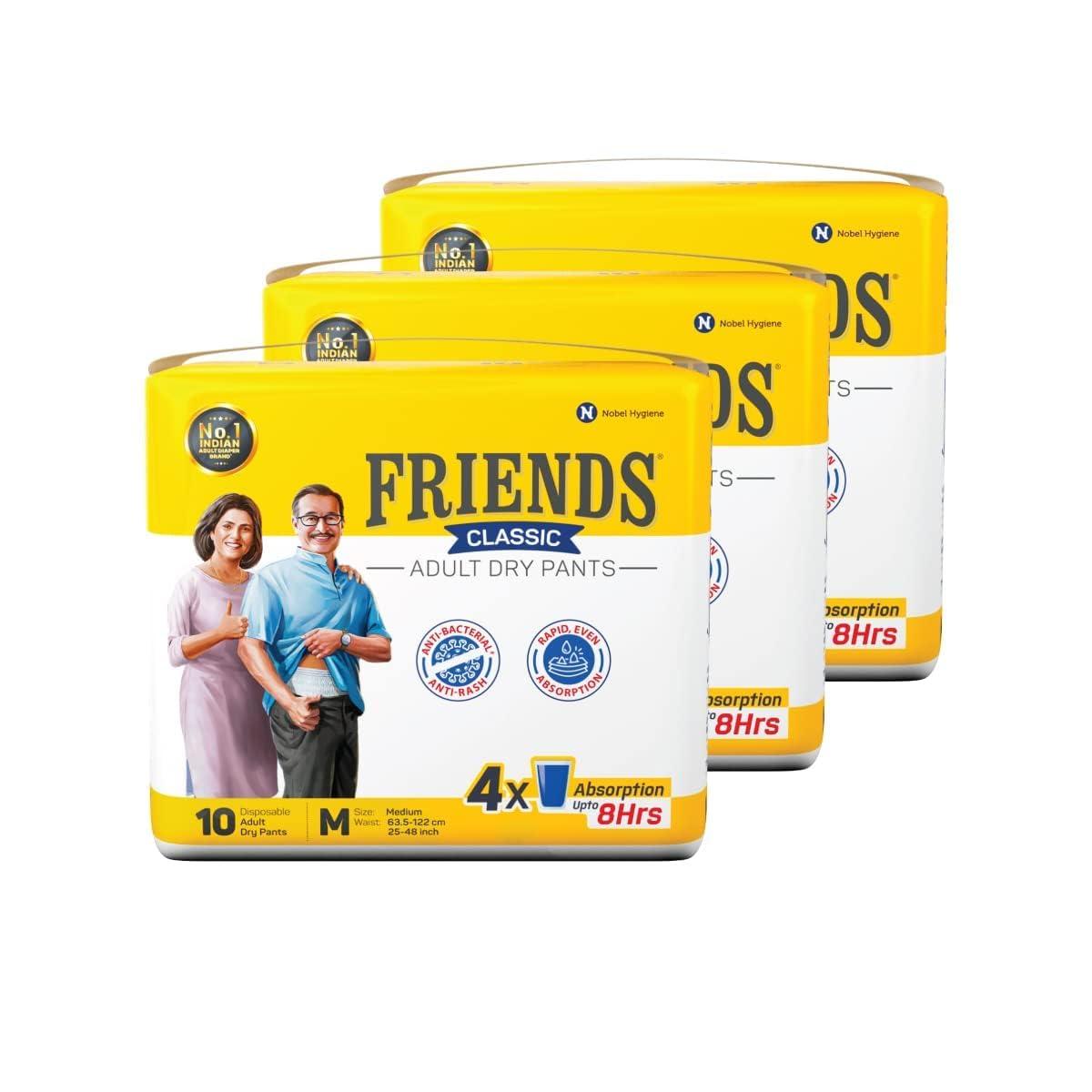 Generic Friends Classic Adult Diapers Pants Style - 60 Count (Medium) with odour lock and Anti-Bacterial Absorbent Core- Waist Size 25-48 inch ; 63.5-122cm sold by bmpharma