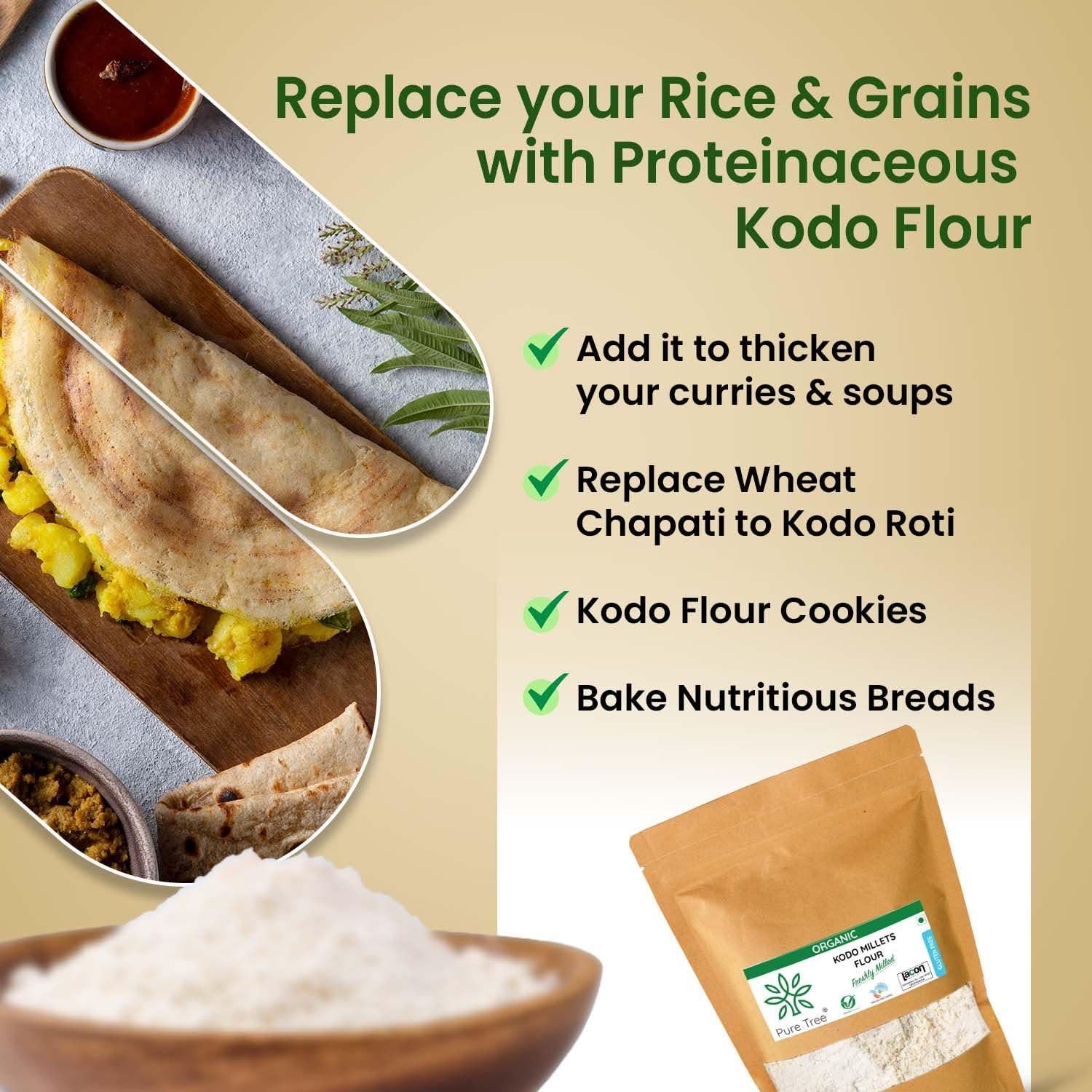 Pure Tree Pure Tree Certified Organic Kodo Millet Flour | 1900 g | Varagu Kodri Atta | Kodo Millet Arikelu Organic Millets | Cow Grass Gluten-Free Atta Kodra Millet | Unpolished Millets Flour Dehusked