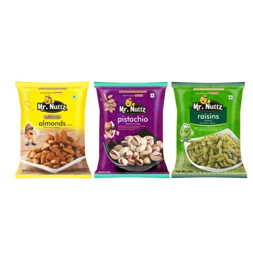 Mr.NUTTZ Mr.Nuttz Premium Dry Fruits Combo Pack of 3 |California Almonds 250g, Roasted Salted Pistachios Nut 250g, Dried Raisins Kishmish | Total 750 g | Healthy Dry Fruit Snacks | Badam, Pista, Raisins Dry Co