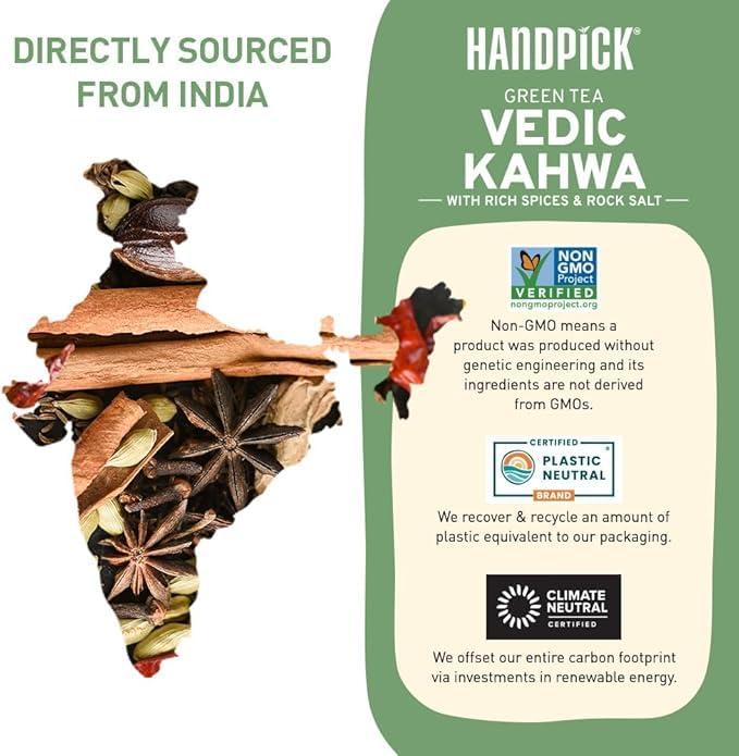 HANDPICK HANDPICK, Vedic Detox Kahwa Green Tea - 100 Tea Bags | Improves Digestion & Aids in Detoxification | Blend of 10 Real Ayurvedic Herbs - Tulsi, Ginger, Black Pepper, Clove, Nutmeg & Rock Salt