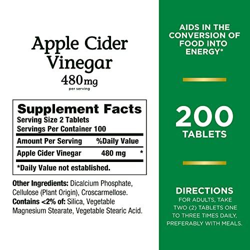 Nature\'s Bounty Nature\'s Bounty Apple Cider Vinegar Dietary Supplement, Supports Energy Levels and Metabolism, Plant Based, 480mg, 200 Tablets : Pack of 1