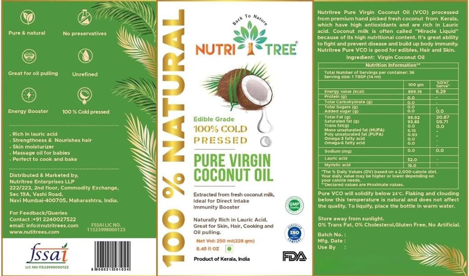 NUTRITREE Nutritree 100 % Cold Pressed Pure Virgin Coconut Oil | 250 ml | Multi Usage | Extracted from Coconut Milk | 100% Naturally Rich in Lauric Acid | Great for Skin, Baby Massage, Hair, Cooking, Oil Pulling | Product of Kerala