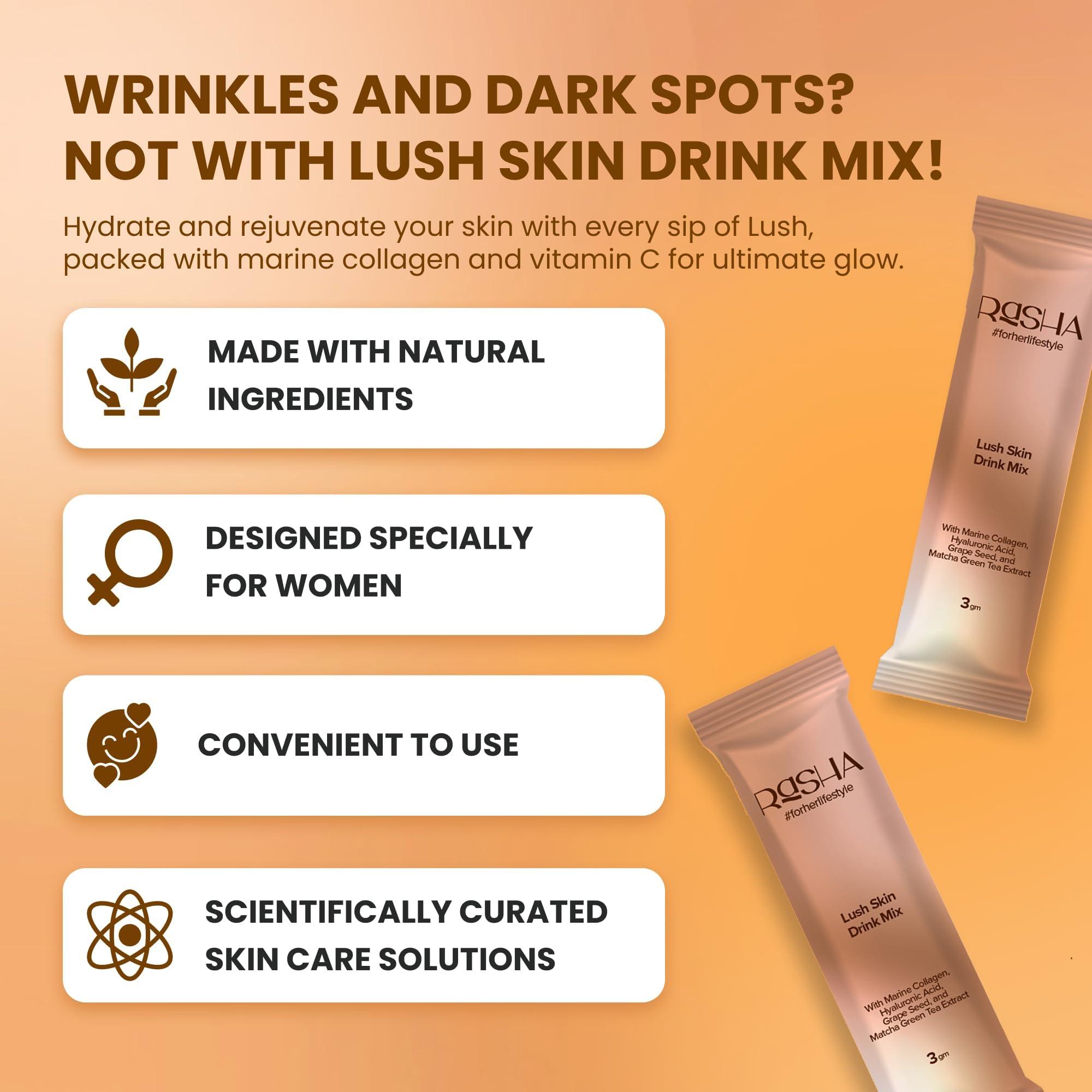 Rasha Rasha Lush Skin Drink Mix, Skincare Women-Collagen, Hyaluronic Acid, Matcha And Grape Seed Extract To Wrinkles, Dark Spots & Uneven Skin Tone, Collagen Supplement Youthful Skin 20 Sachets