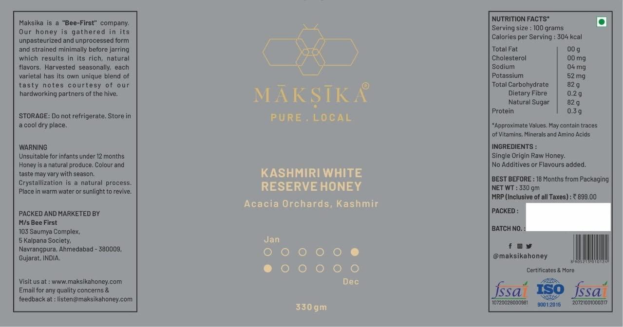 Maksika Maksika Kashmiri White Honey | Organic Honey Bottle - 330gms | Kashmiri Acacia Nectar with Light Vanilla Taste | Best paired with Chamomile or White Tea and Fresh Ricotta Cheese