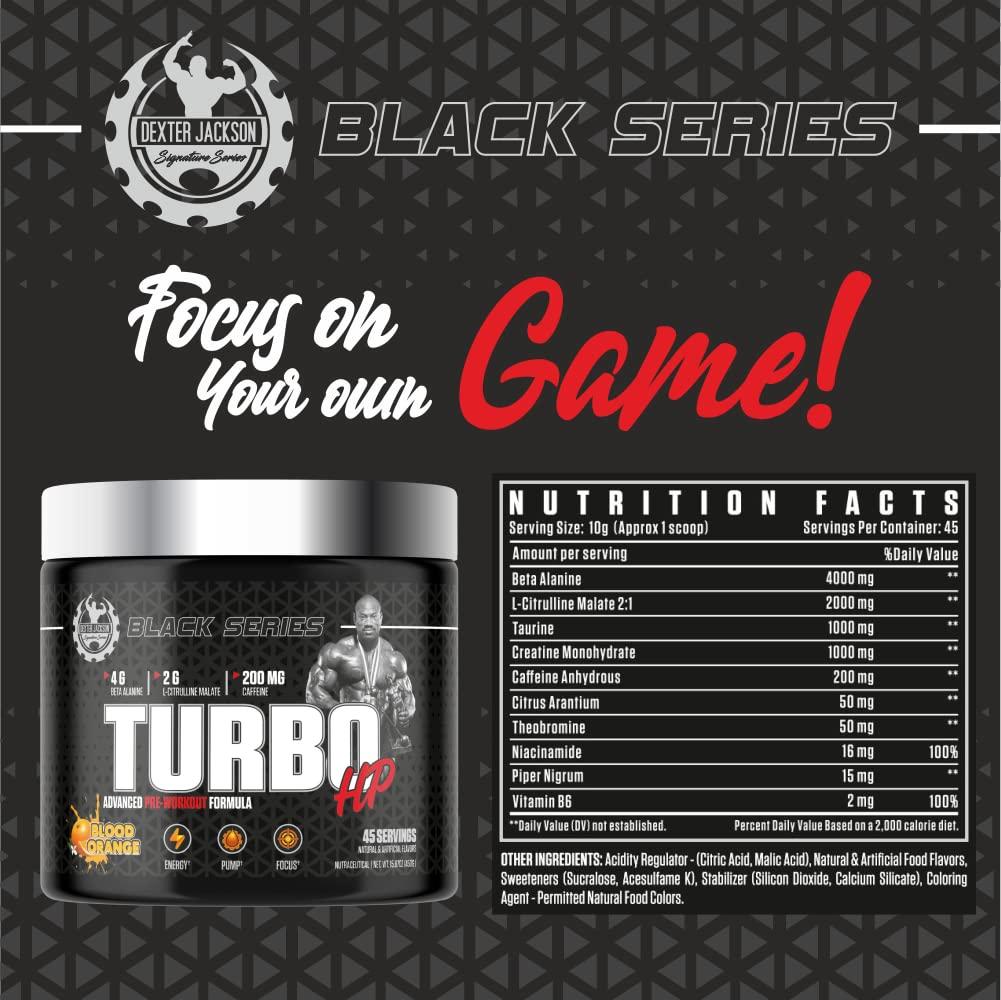 Dexter Jackson Signature Series Dexter Jackson Black Series Turbo HP Pre Workout | Advanced Formula Blood Orange Flavor | 45 Servings, 450g | Boost Energy and Performance