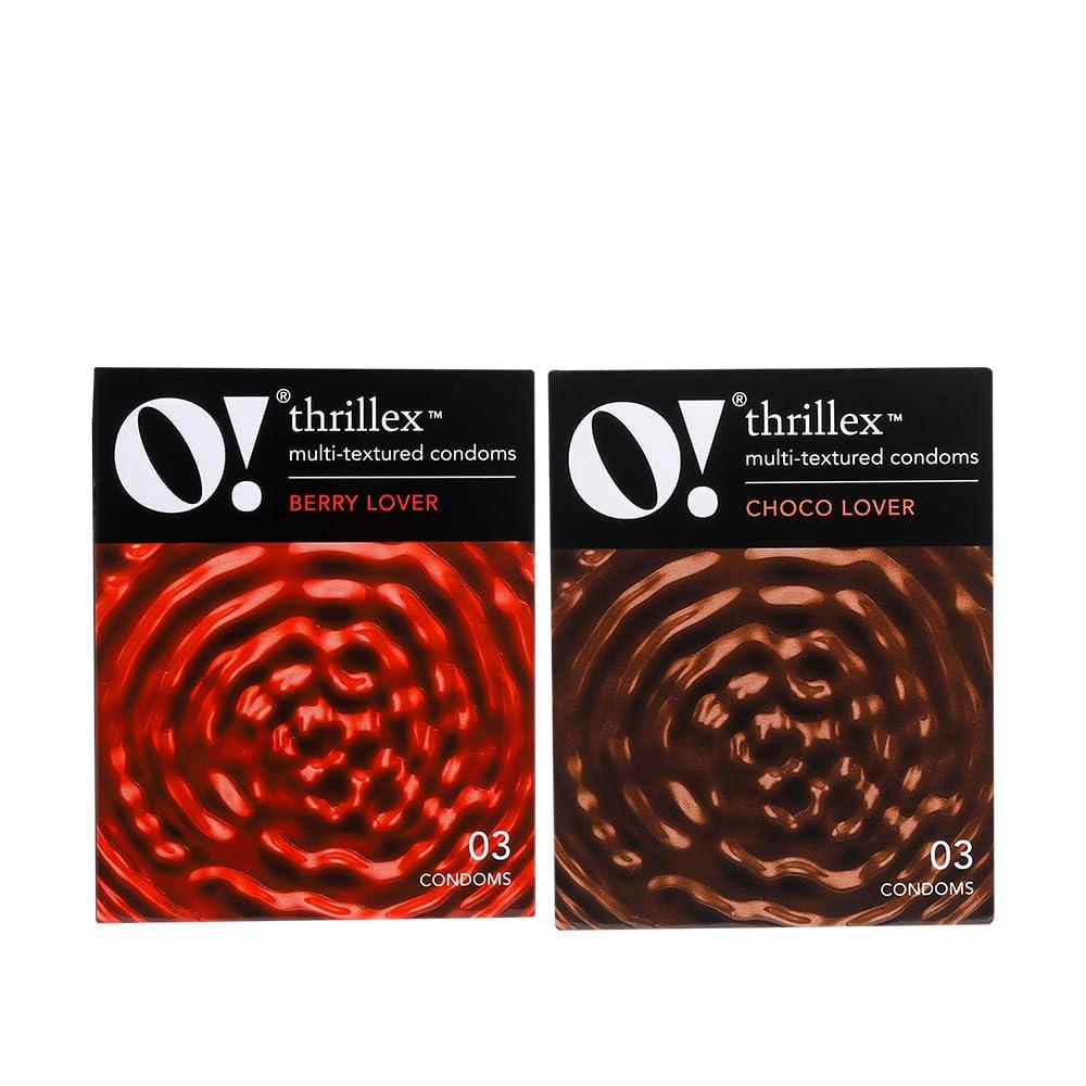 O! O! Thrillex Multi-Textured Flavored Condoms for Men | Dotted, Ribbed & Contoured Condom with Extra Lubrication | Combo of Berry Lover & Choco Lover (Pack of 2 x 3 Count Each Pack)
