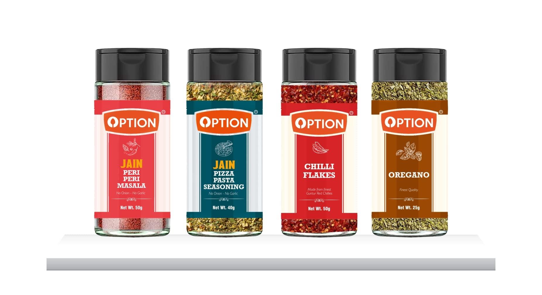 OPTION Option Jain Seasoning Combo Pack | Peri Peri Jain Mix 50g | Pizza/Pasta Jain Mix 40g | Oregano 25g | Chilli Flakes 40g | Gift Set