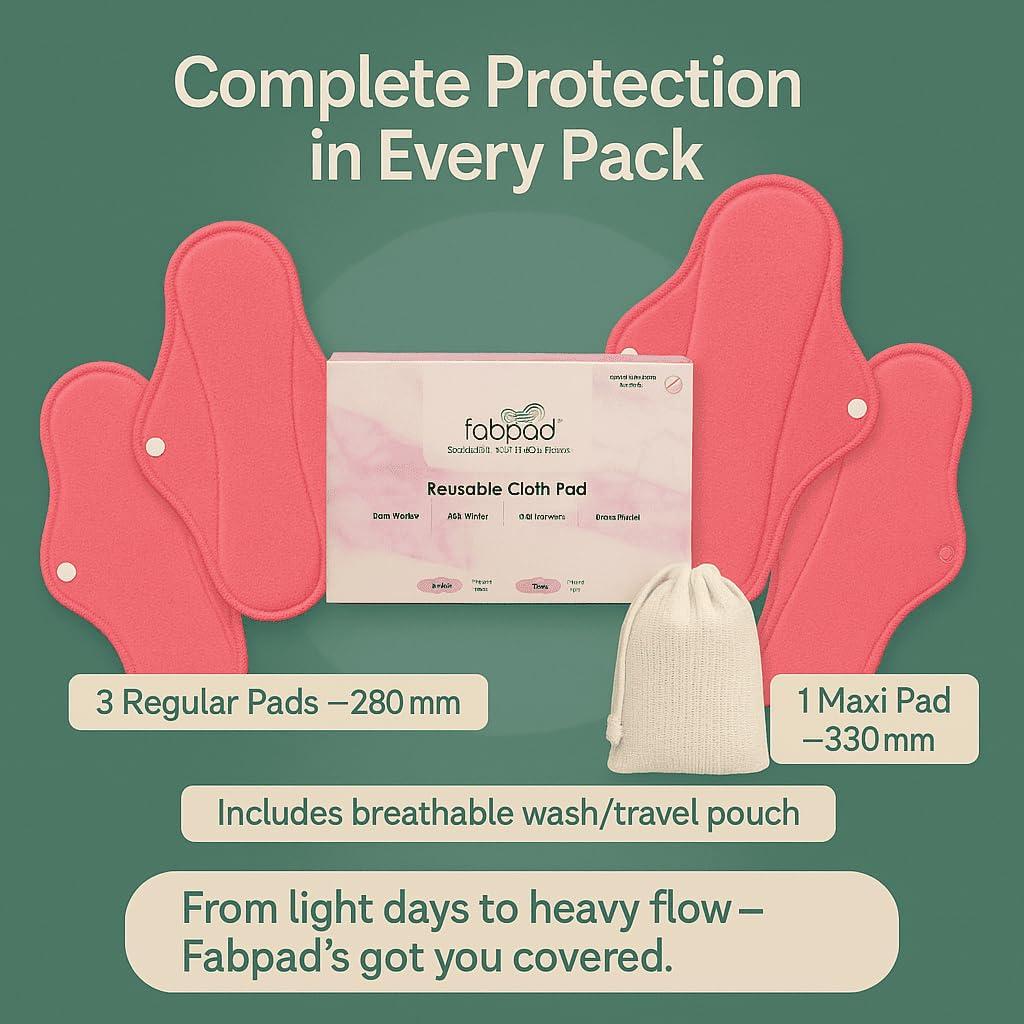 FabPad FabPad Reusable Washable Sanitary Cloth Pads Napkins Eco-Friendly Menstrual Hygiene Solutions (Pack of 4) (Pink, 3 Day Pads + 1 Night Pad)