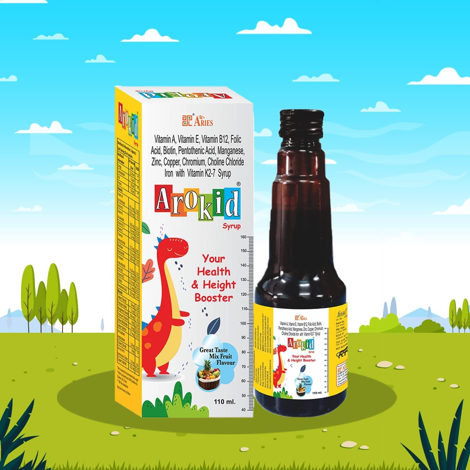 Arokid Arokid Aries Multivitamin&Multimineral Syrup For Kids With Iron,Zinc,Vitamin A,E,B12&K2-7 Health-Height Booster Great Taste Of Mix Fruit Strong Muscle And Better Immunity 110Ml(Pack Of 1)