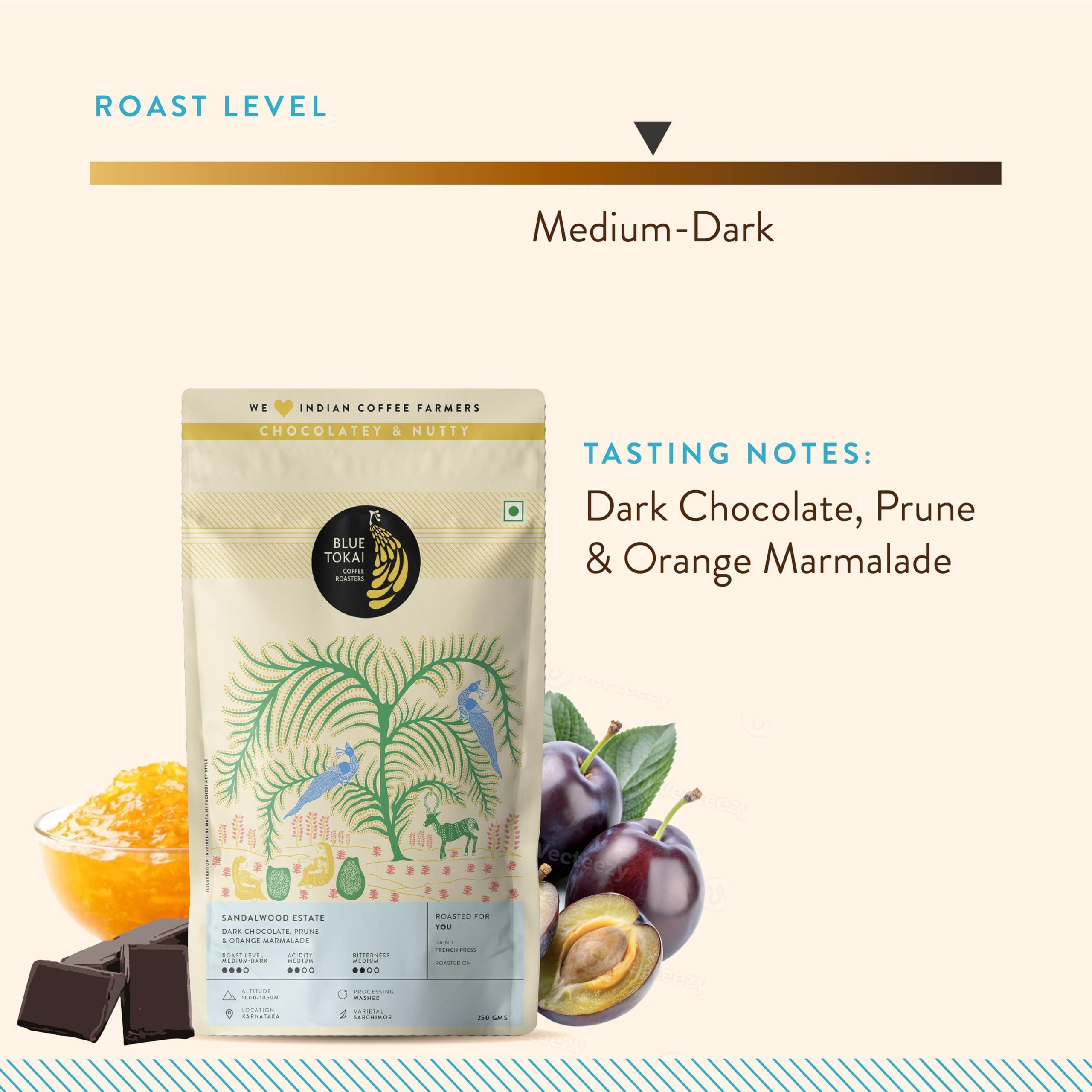 Blue Tokai Coffee Roasters Blue Tokai Coffee Roasters Sandalwood Estate - Medium Dark Roast (Moka Pot Grind) 250g| Made With 100% Specialty Grade Arabica Freshly Roasted Ground Coffee, Bag