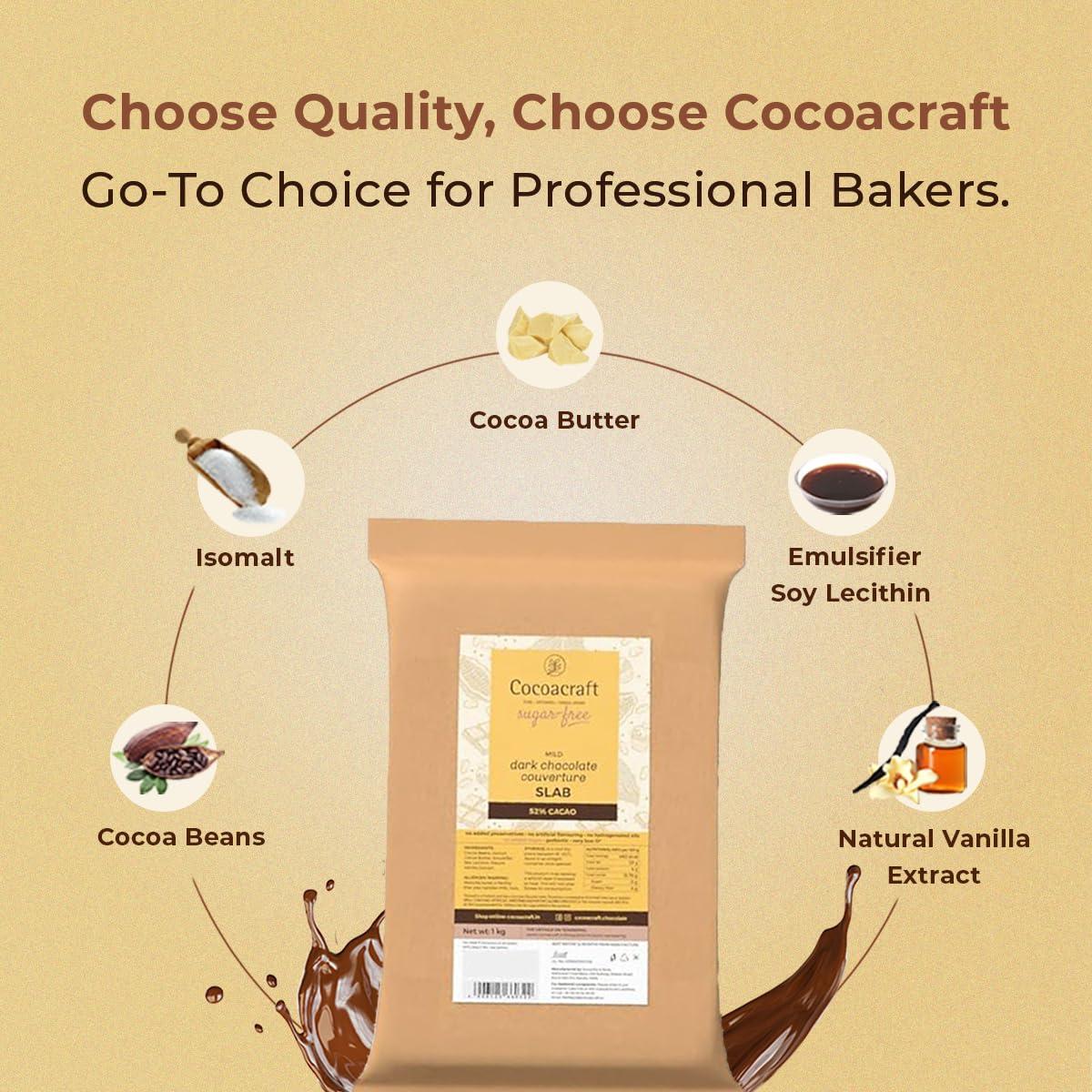 COCOACRAFT Cocoacraft 52% Mild Dark Chocolate Couverture Untempered Slab (1KG) Sugar Free Chocolate| 100% Natural |Handmade Artisinal Couverture Chocolate from Kerala| Used for baking and decoration