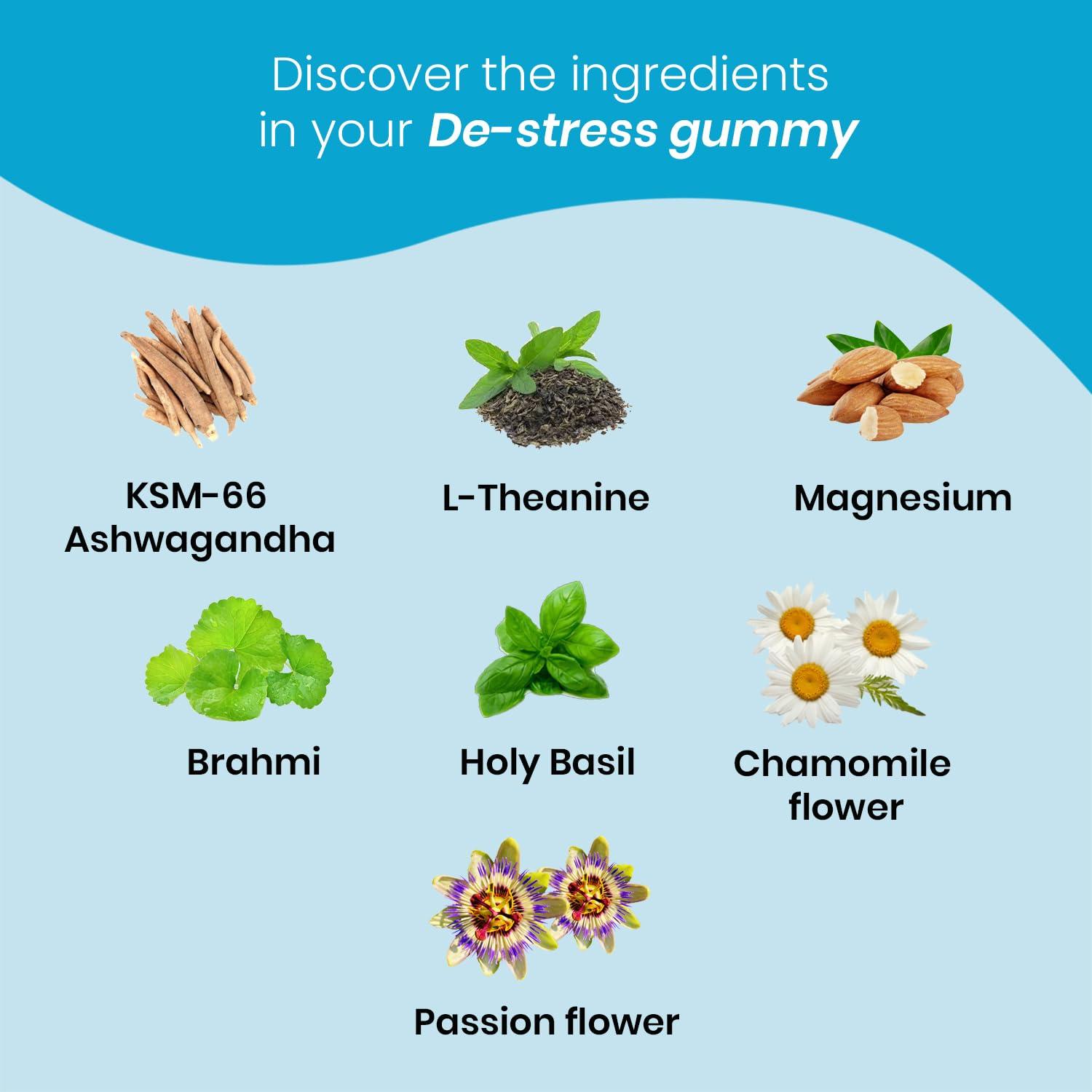 Zingavita Zingavita De-Stress Gummies with Honey, KSM-66 Ashwagandha, L-Theanine, Holy Basil, Chamomile & Sage extracts,Vitamin D3, B12, No Added Sugar, Mint Flavour - 30 Gummies