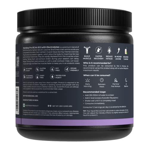 Nutrabay Nutrabay PRO BCAA 8:1:1 with Electrolytes - 7g Vegan BCAAs, 1000 mg Electrolytes - Intra/Post Workout Energy Drink - 250g Guava Punch