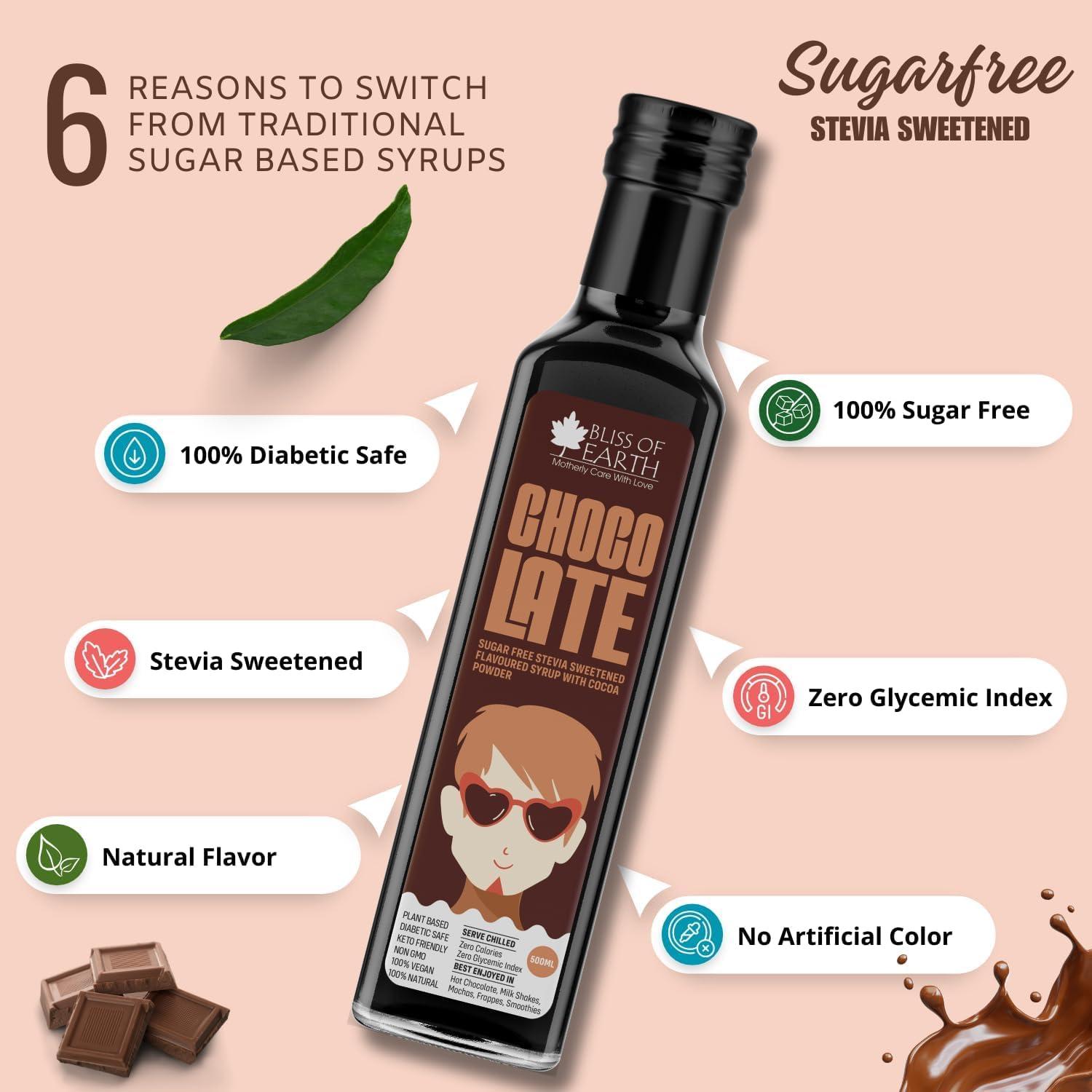 BLISS OF EARTH Bliss of Earth Sugarfree Chocolate Syrup, for Hot Chocolate, Coffee, Milkshake, Chocolate Syrup with Real Cocoa Powder. Zero Calorie, Diabetic Safe & Keto 500ml (Pack of 2)