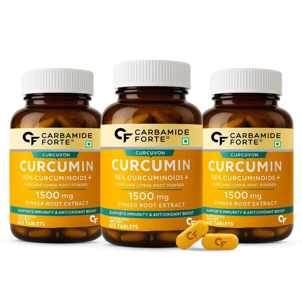 Carbamide Forte Carbamide Forte Curcumin Tablets with Piperine Tablets with 95% Curcuminoids |Anti inflammatory Supplement for Adults with Curcuma Longa, Turmeric Powder & Ginger 60 Veg Tablets (Pack of 3)