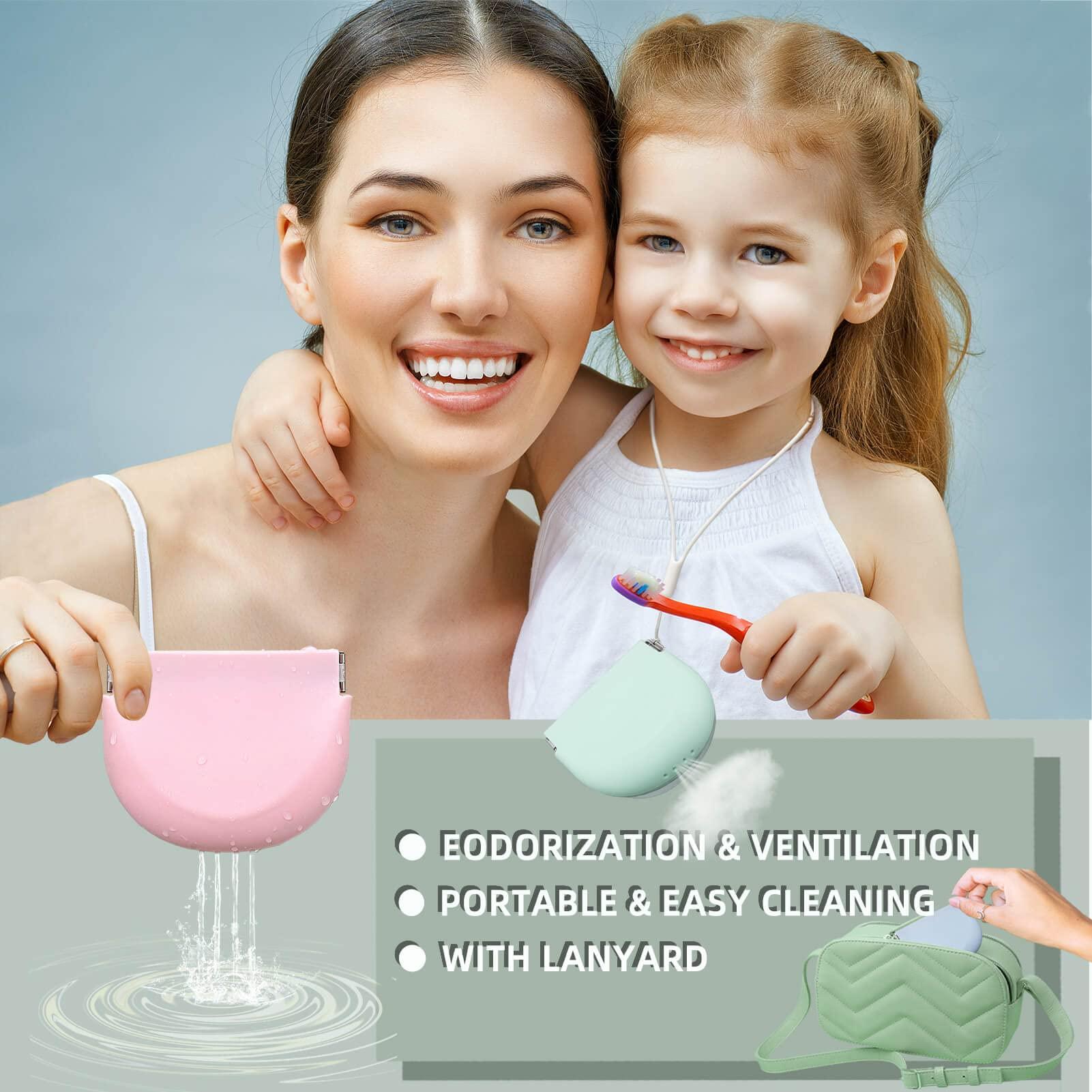 onbuwws Pink Cute Retainer Case with Vent Holes Food Grade Silicone Retainer Cleaner Case Dental Retainer Holder Case with Lanyard Slim Cool Thin Container Braces Case for Girls Women Kids Boys Men Portable Travel Denture Mouth Guard Aligner Case