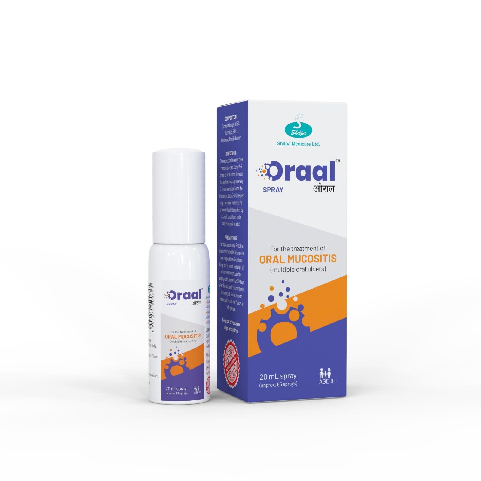 ORAAL ORAAL SPRAY 20ml mouth spray| Mouth Ulcers|Oral Mucositis |Mouth Sores| 100% relief |No Colors| No Alcohol| Suitable for all ages above 8Yrs| 20ml | Pocket friendly Pack| 100% Natural & Patented