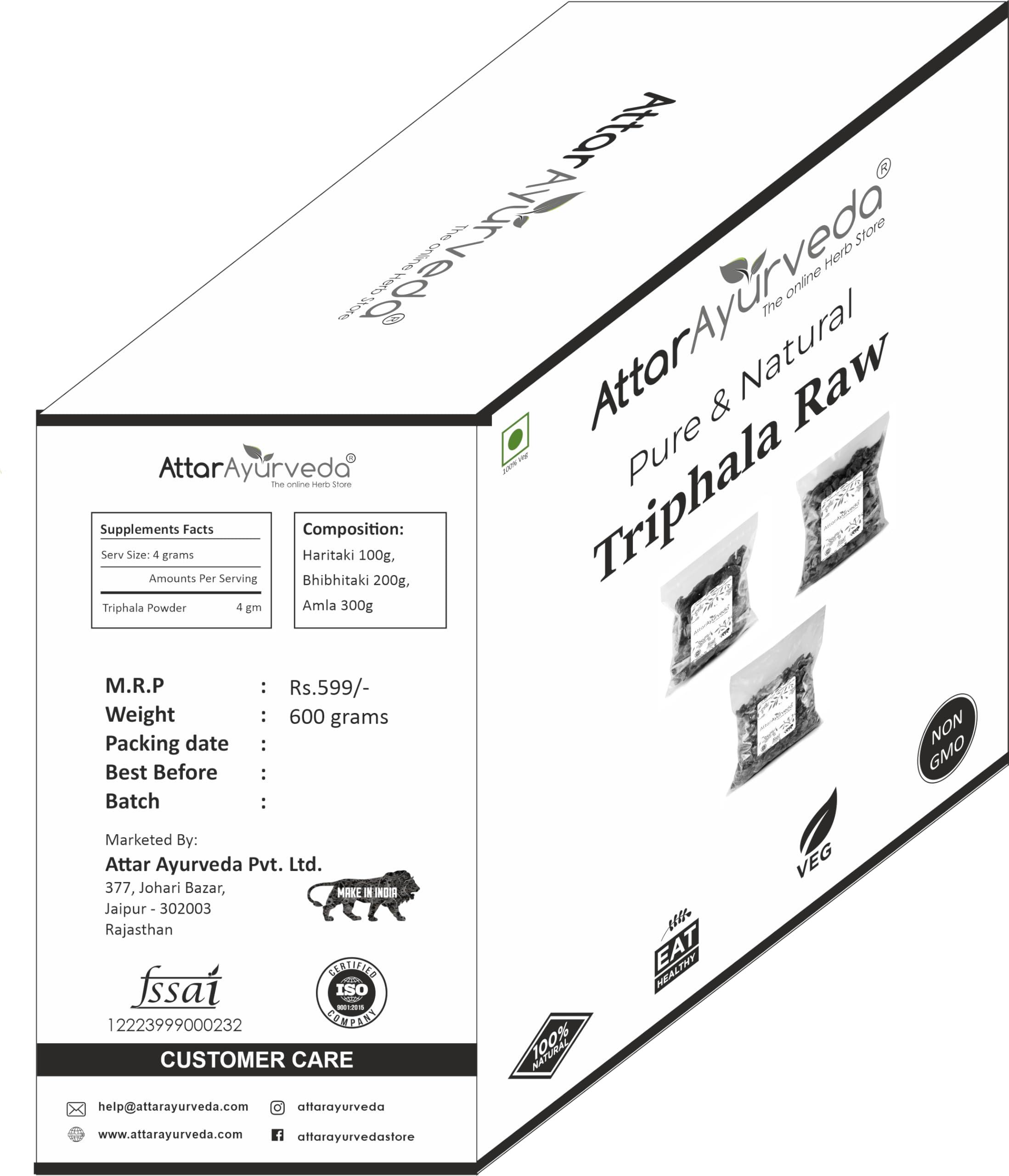 ATTAR AYURVEDA Attar Ayurveda Triphala (Ratio 1:2:3) Raw, Whole (600 grams) - Harad, Baheda, Amla | 100% Pure and Natural, No Preservatives