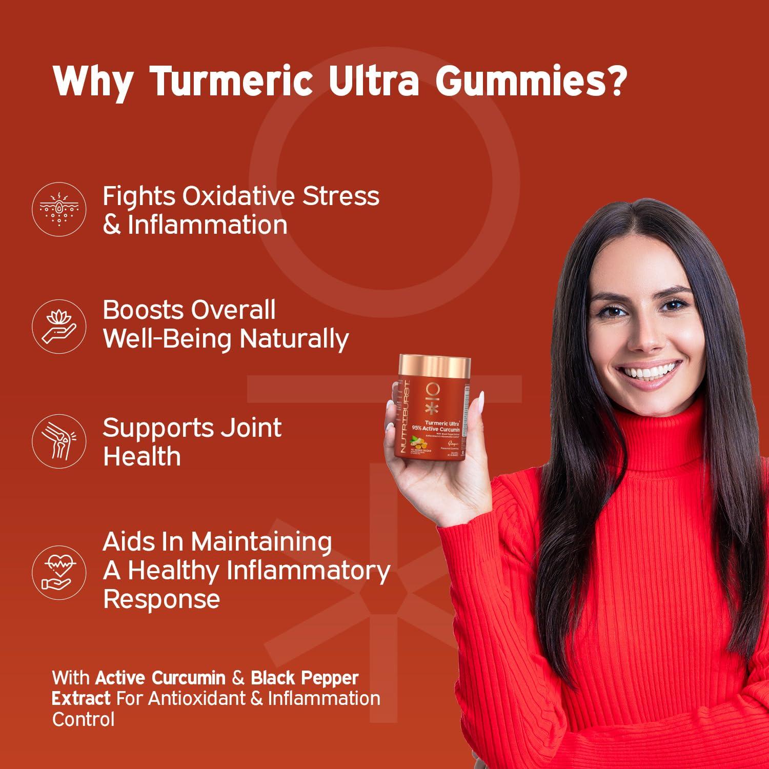 Nutriburst Nutriburst Turmeric Ultra Gummies With 95% Active Curcumin 800Mg & Black Pepper, Gut Health Management | Anti-Inflammatory & Digestion | Antioxidant & Anti-Ageing Skin | 30 Gummy