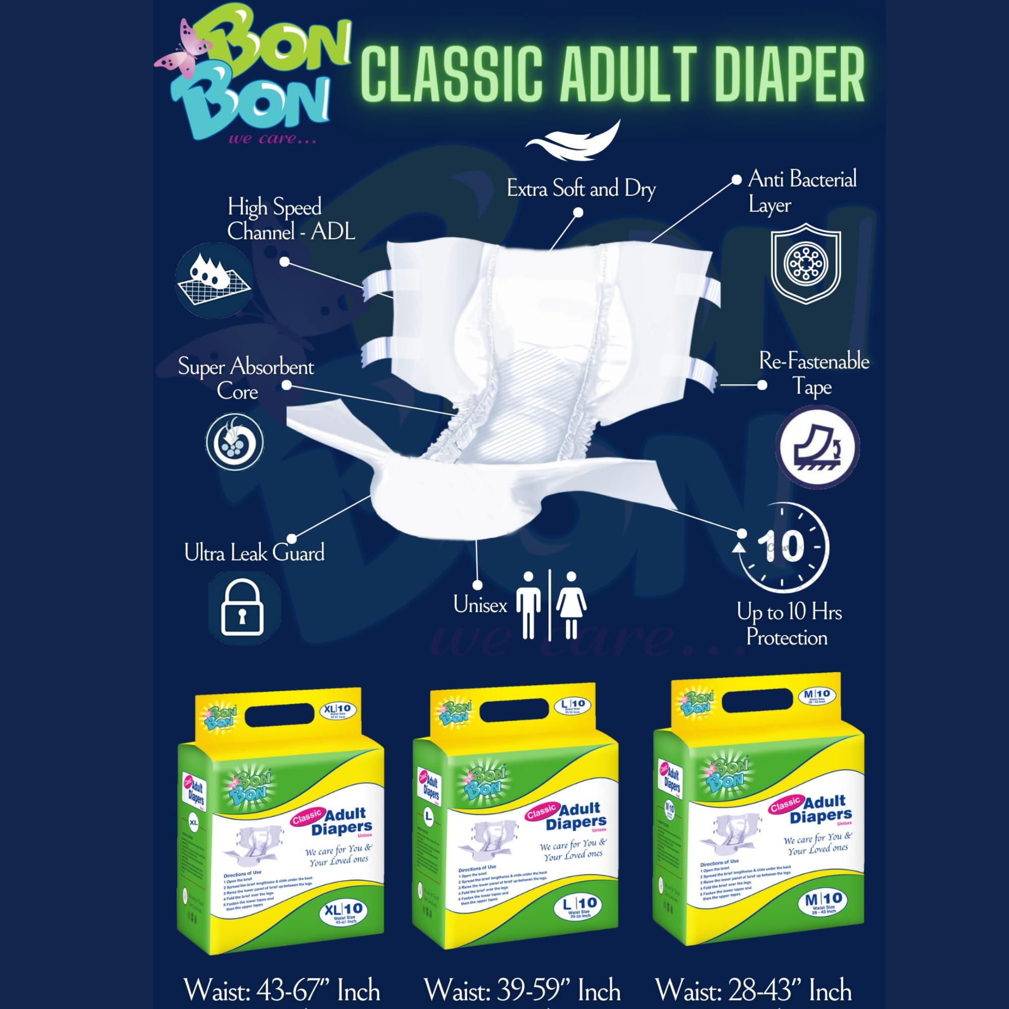 BON BON Bonbon Classic Adult Diaper Tape Style Large (PACK OF 3) - 30 Count - L - Ultra Leak-Guard with Anti Bacterial Layer and Multiple Tape Fastners - Waist Size 39-59 Inch, 99-149 cm