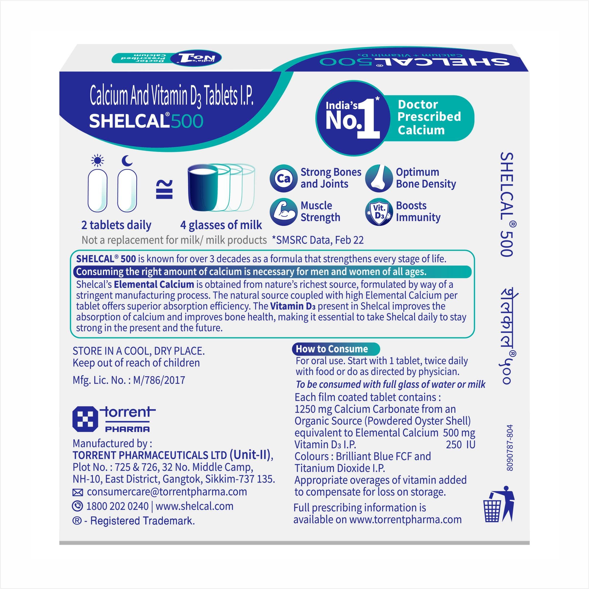Torrent Torrent Shelcal 500 calcium Tablets with Vitamin D3 Pack 3 | For Healthy and Strong Bone, Joint & Muscles