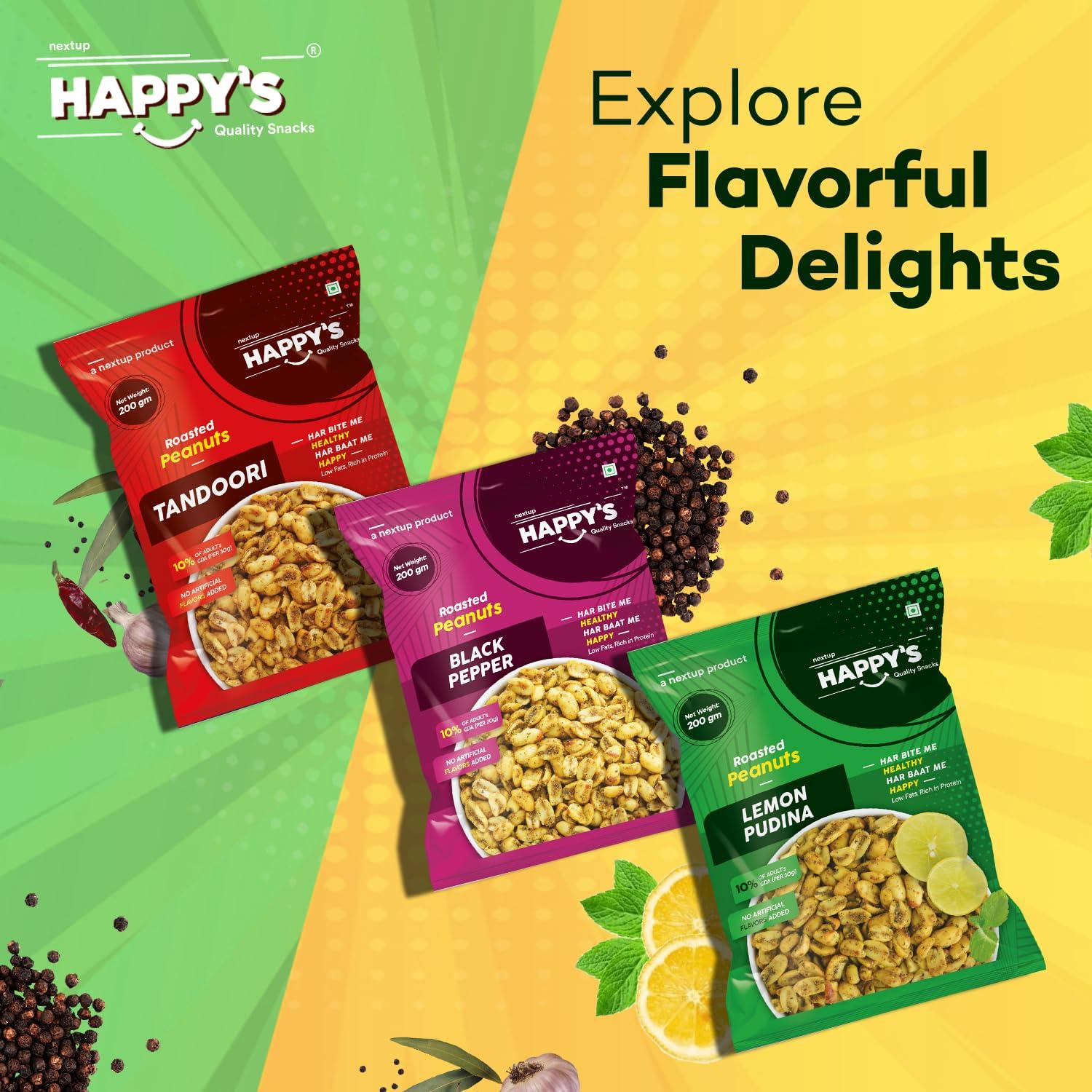 NEXT UP HAPPYS Happy\'s Roasted Peanuts, 200 gm| Pack of 2| Lemon Pudina Peanuts| Low Fat| Rich in Protein| Roasted, not Fried| No Artificial Flavors| Healthy Snack for Anytime Snacking|
