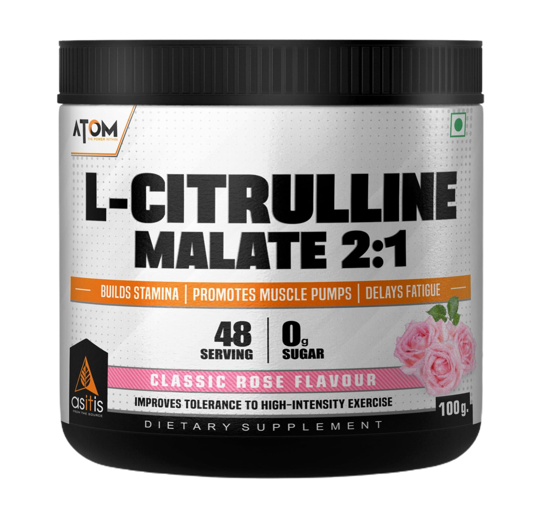 Asitis Nutrition AS-IT-IS ATOM L Citrulline Malate 2:1-100gms | 48 servings | 0 Sugar | Improves Tolerance to High-Intensity Exercise | Builds Stamina | Classic Rose Flavour
