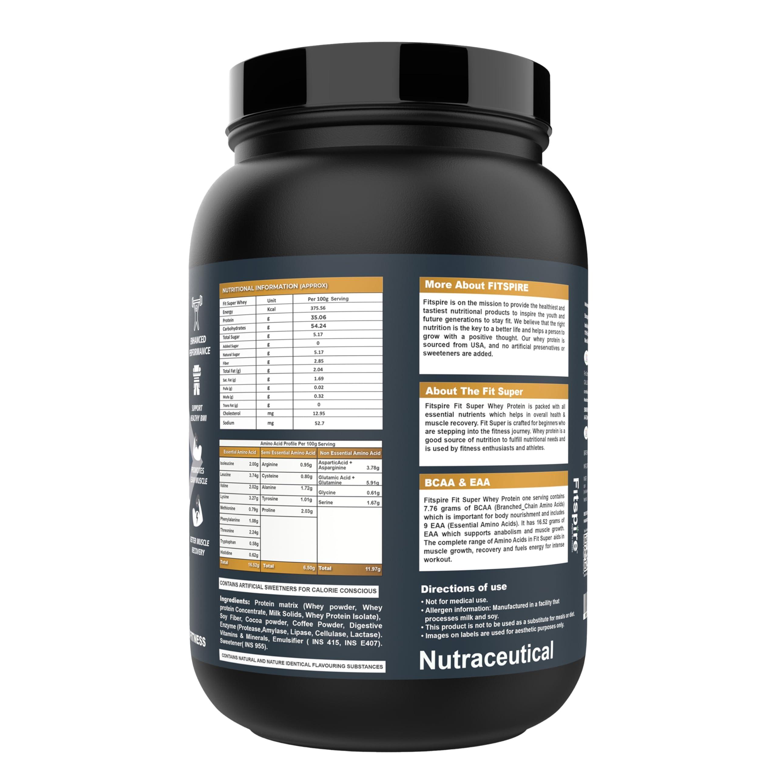 Fitspire Fitspire Fit Super Whey Protein For Men & Women | 36g Protein Per 100g Serving | 7.6g BCAA Ratio | 100% Whey Protein For Muscle Growth & Recovery - Pack Of 2 | (Gourmet Coffee)