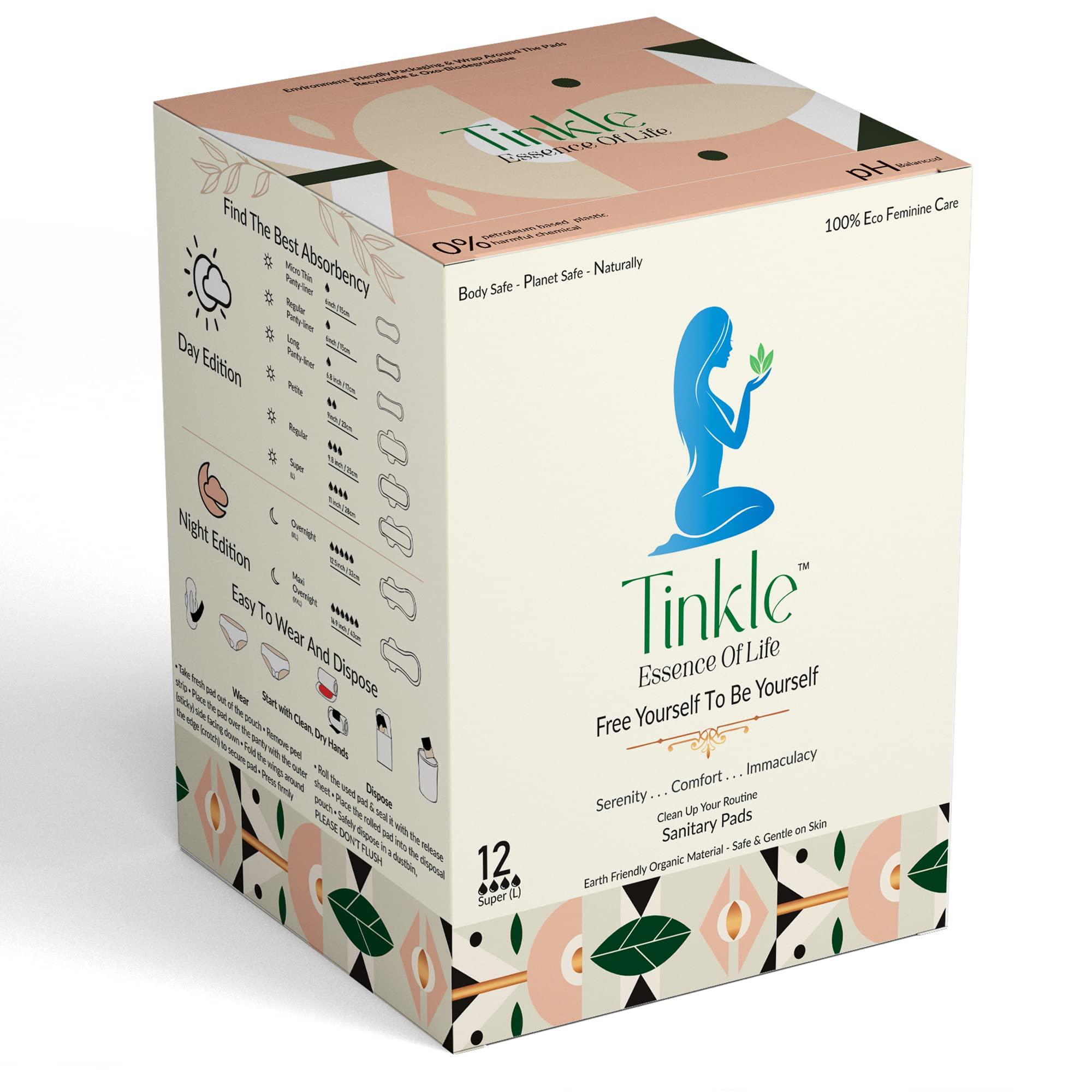 Tinkle Tinkle Eco-Luxe Organic Cotton heavy flow Pads Day night use Sanitary Pads for Women, Biodegradable & Ultrathin Period Pads, 100% leak free & rash free, safe on skin, Longer Softer and Highly Absorbent Breathable for extra Comfort - L, Large, 290mm,