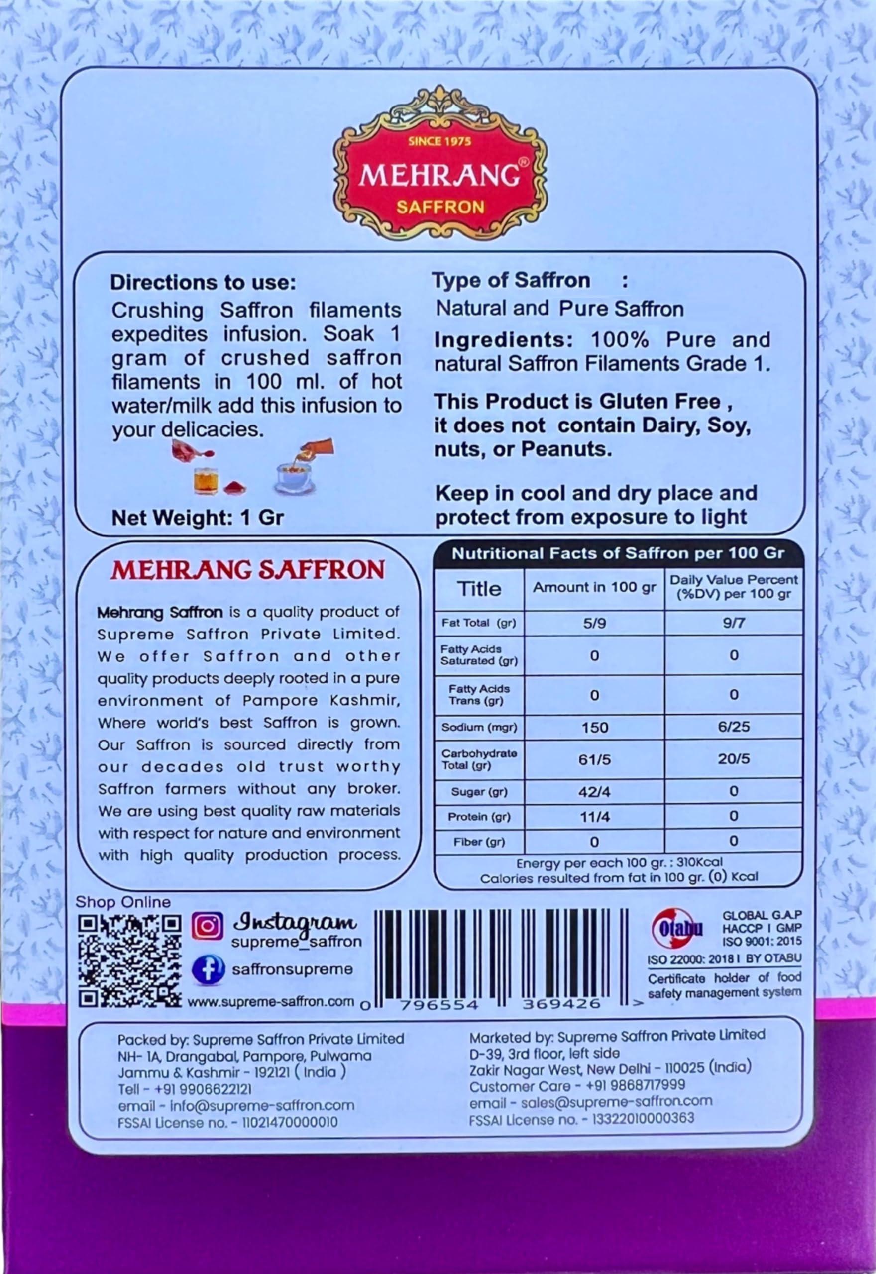 Mehrang Mehrang Saffron Original Kashmiri 1 Gram | Kashmir Kesar | Keshar | A+++ Grade Luxury Quality | Grown in Saffron Farms of Pampore | ISO 9001:2015, 22000-2018, HACCP, GMP Certified | Pack of 1
