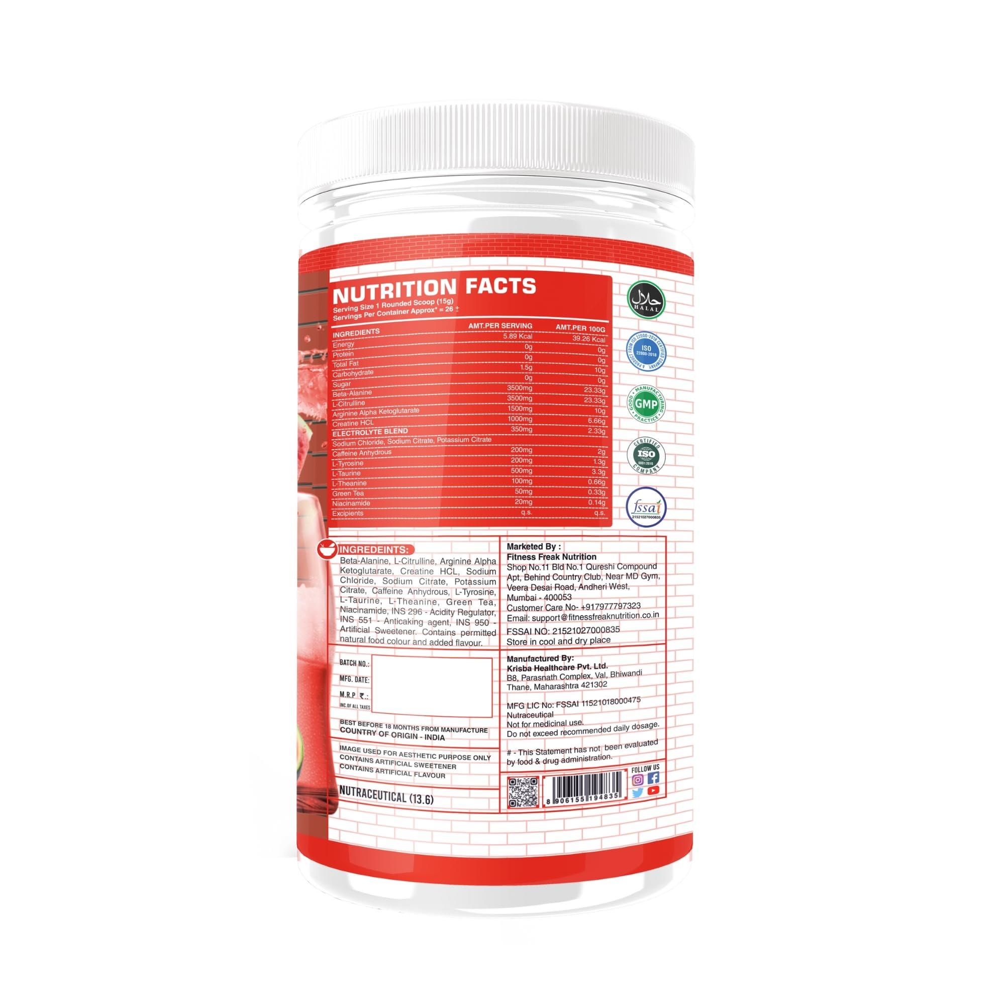 FITNESS FREAK NUTRITION Fitness Freak Nutrition Pre-Workout (30 Servings) Premium Supplement for Enhanced Focus, Strength, Energy, and Pump 100% Dope-Free, Banned Substance Tested, 400g - Watermelon