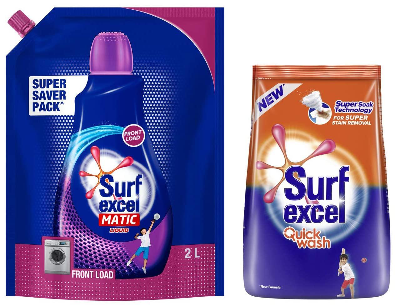 Surf Excel Surf Excel Matic Front Load Liquid Detergent 2 L Refill & Quick Wash Detergent Powder 1 Kg, Washing Powder With Lemon & Bleach To Remove Tough Stains On Clothes - Bucket & Machine Wash