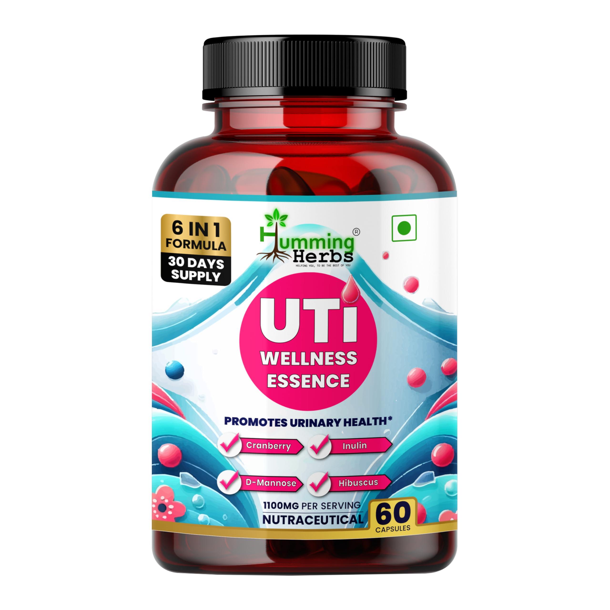 Humming Herbs Humming Herbs UTI Wellness Essence 1100mg - Advanced 8-in-1 Urinary Tract Support Formula with Cranberry, D-Mannose, & Probiotics - Promotes Bladder Health & Immunity - 60 Cap