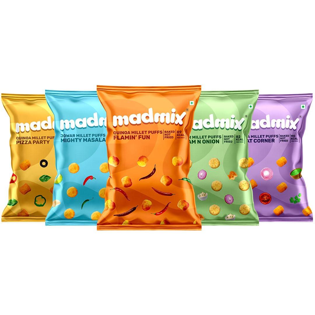 Madmix Madmix Bundle | Jowar & Quinoa Millet Puffs | All Flavors Pack of 5 Each | Baked, Not Fried | Protein-Packed | Healthy Snacks | Gluten-Free | No preservatives or Trans Fat | Pack of 25 (20g x 25)