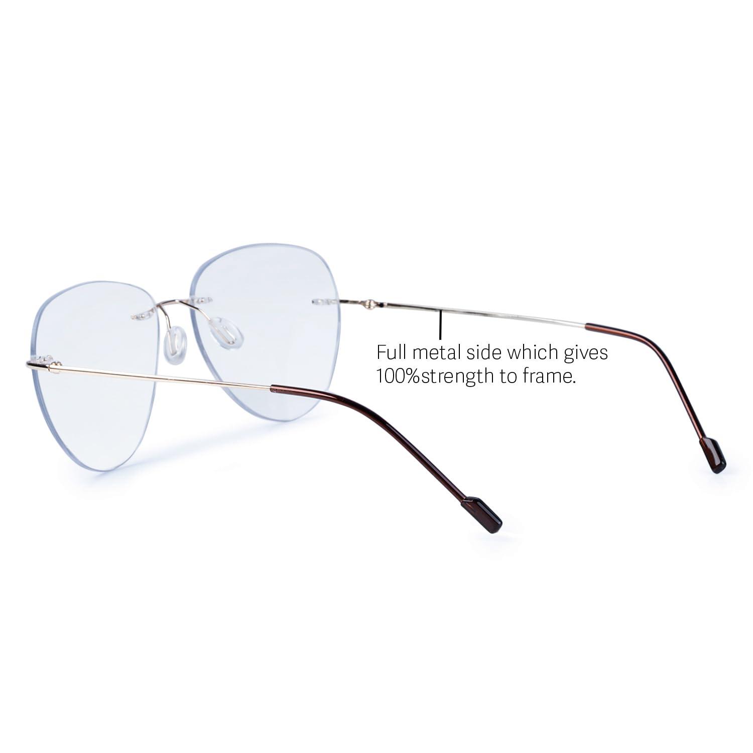 Redex Redex Aviator Photochromic Rimless Zero Power Blue-Cut Computer Glass Anti glare Block Harmful Rays Eye wear Spectacle Eye Frame (GOLD)
