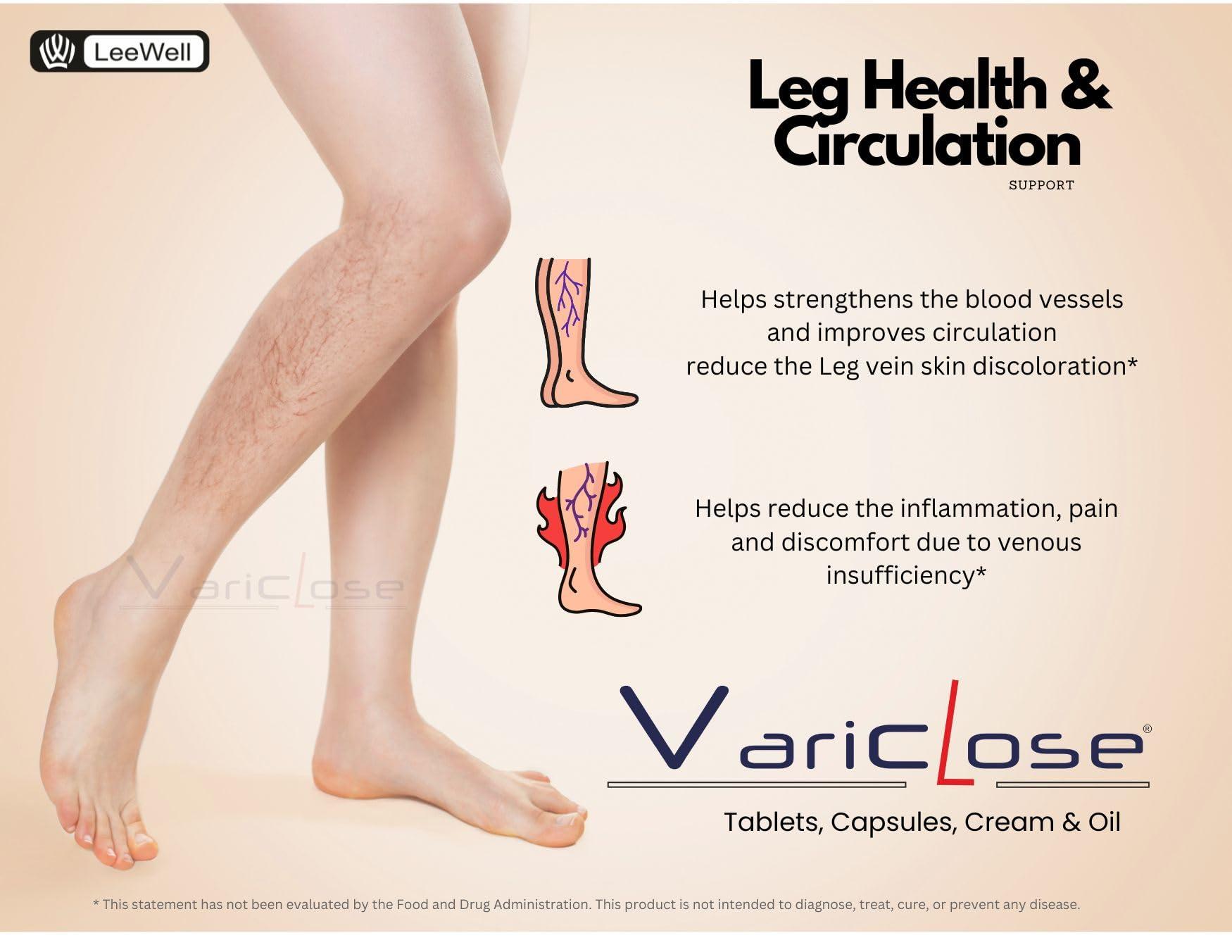 VARICLOSE Variclose Varicose Vein Support | Restless Legs Circulation Flow, Cramps, Twisted, Enlarged, Discolored Veins Aid | Diosmin, Hesperidin, Horse Chestnut extract (Aescin), Butcher\'s broom extract (Ruscogenins) - 30 Tablets (Leewell Pharma)