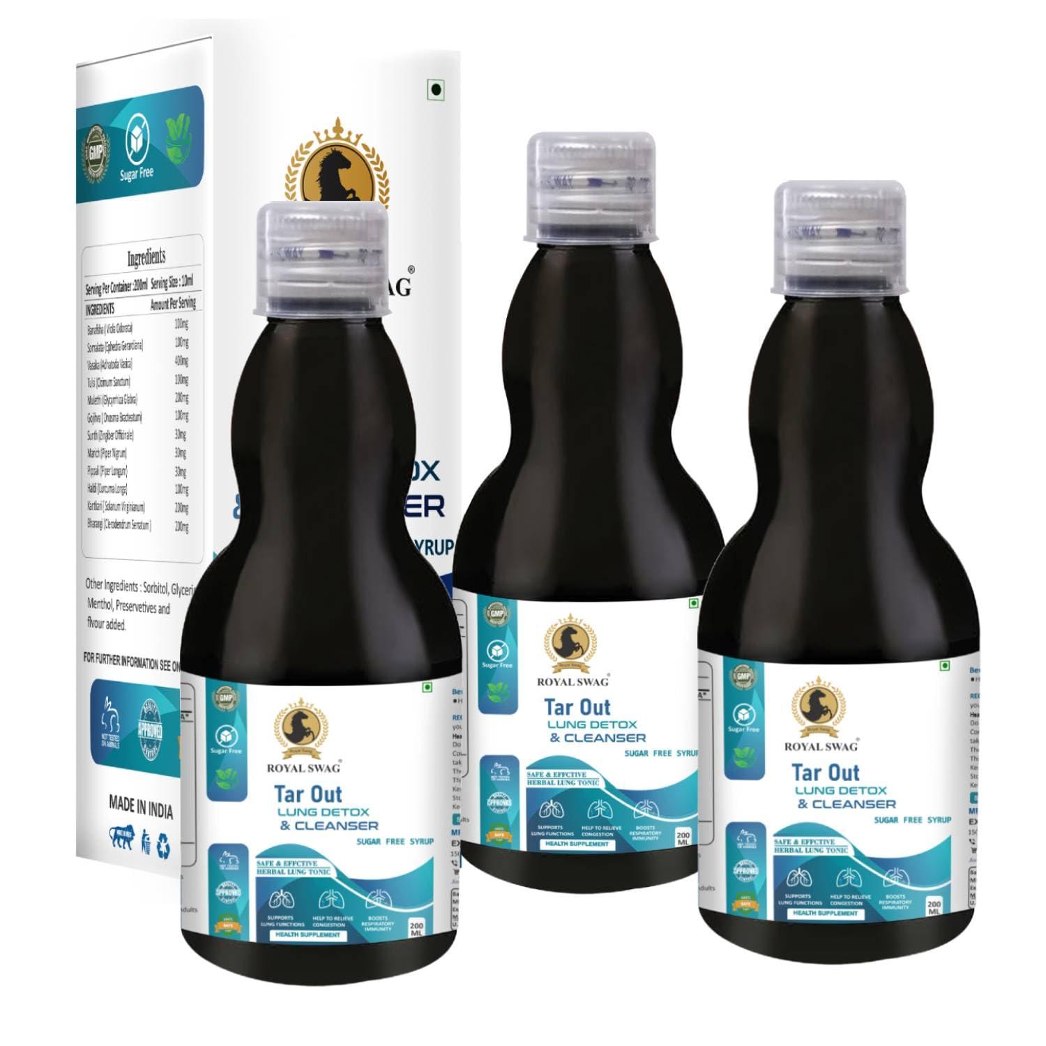 ROYAL SWAG Royal Swag Ayurveda Tar Out Syrup Lungs Detox Set of 3(200 ML) Sugar Free Removes Tar from Lungs due to for smoke & Air Pollution - Herbal Syrup To Remove Toxins From Lung & Mucus Remover | 600 ml