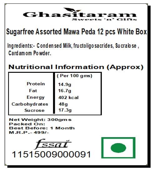 Ghasitaram Gifts Ghasitaram Gifts Sweets Sugarfree Assorted Mawa Peda 12 pcs White Box-300gms |Gift for Diwali,Holi,Rakhi,Valentine,Christmas,Birthday,Anniversary,Gift for Her,Him,Mothers Day,Fathers Day|