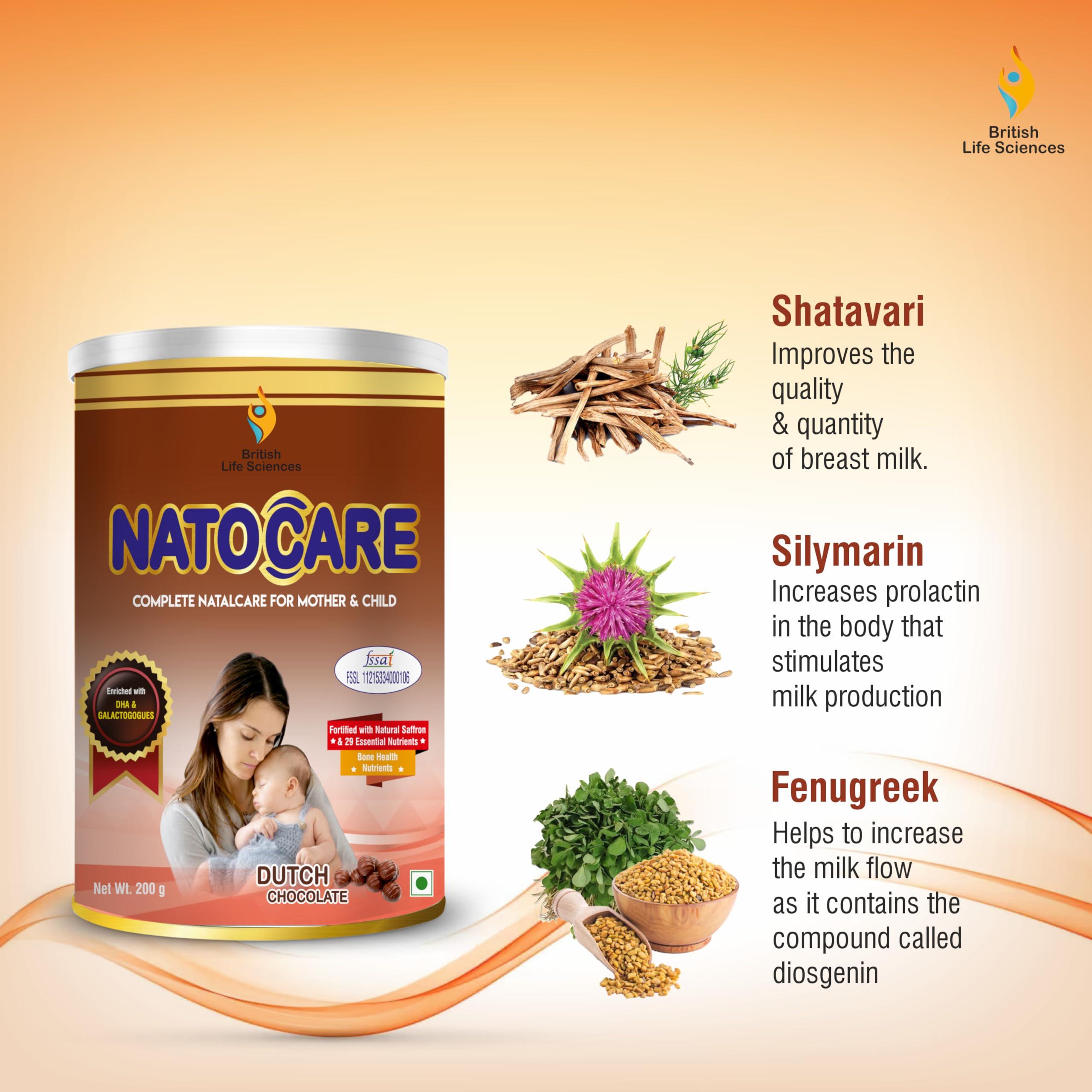 BRITISH LIFE SCIENCES PVT LTD ; Nutrition For A He BRITISH LIFE SCIENCES PVT LTD ; Nutrition for A Healthy Beginning Natocare-Lactation Supplement Powder for Breastfeeding Mother-Shatavari&Fenugreek Extract To Increase MilkSupply,200G(Dutch Chocolate)