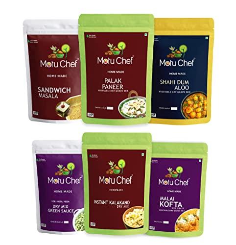 Motu Chef MOTU CHEF Combo of MALAI KOFTA[R] II Instant KALAKAND II Shahi DUM ALOO II Green Sauce II PALAK PANEER II Sandwich Masala II(Pack of 6) |