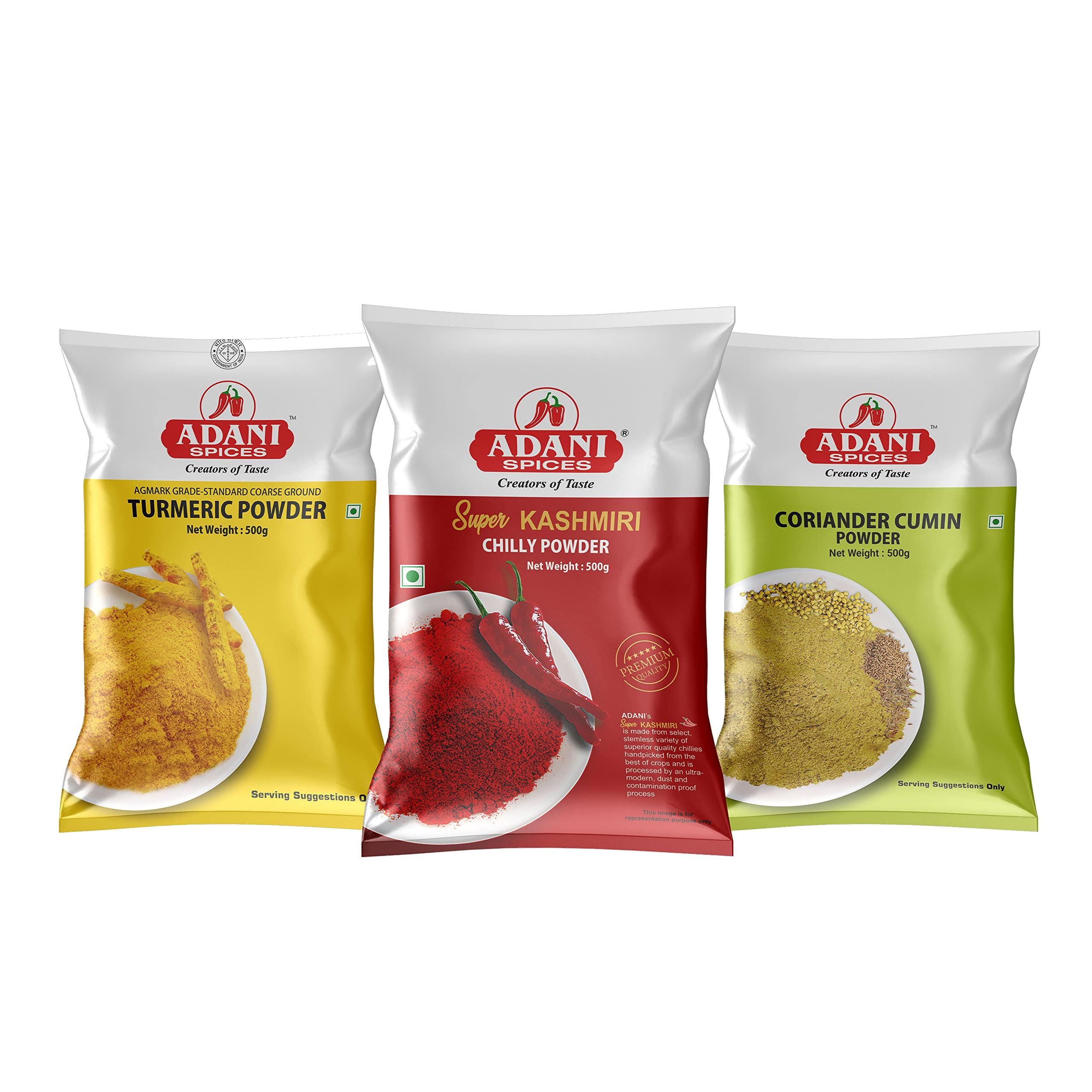 Adani Spices Adani Spices Combo Pack of Kashmiri Red Chilli Powder, Coriander Cumin Powder & Turmeric Powder, 500gm Each