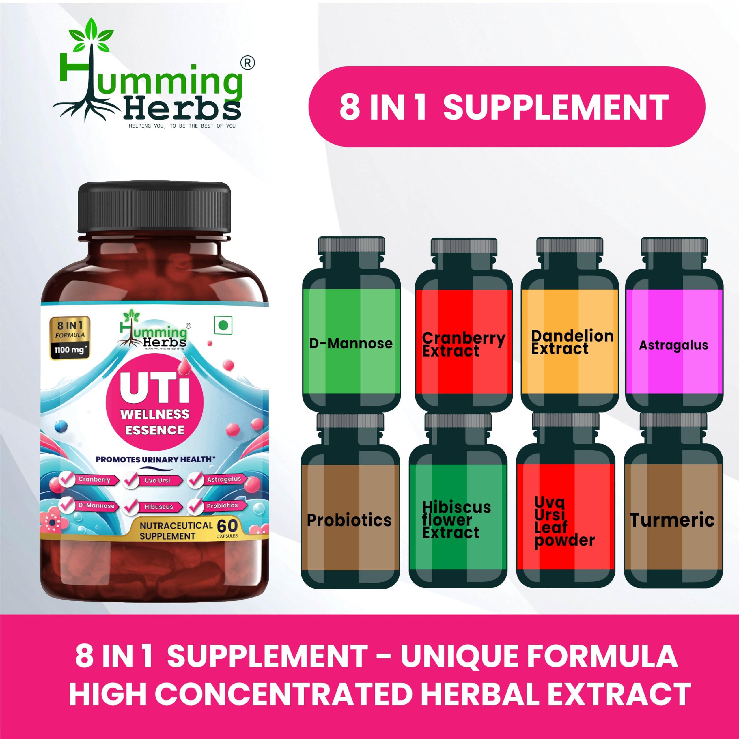 Humming Herbs Humming Herbs UTI Wellness Essence 1100mg - Advanced 8-in-1 Urinary Tract Support Formula with Cranberry, D-Mannose, & Probiotics - Promotes Bladder Health & Immunity - 60 Cap