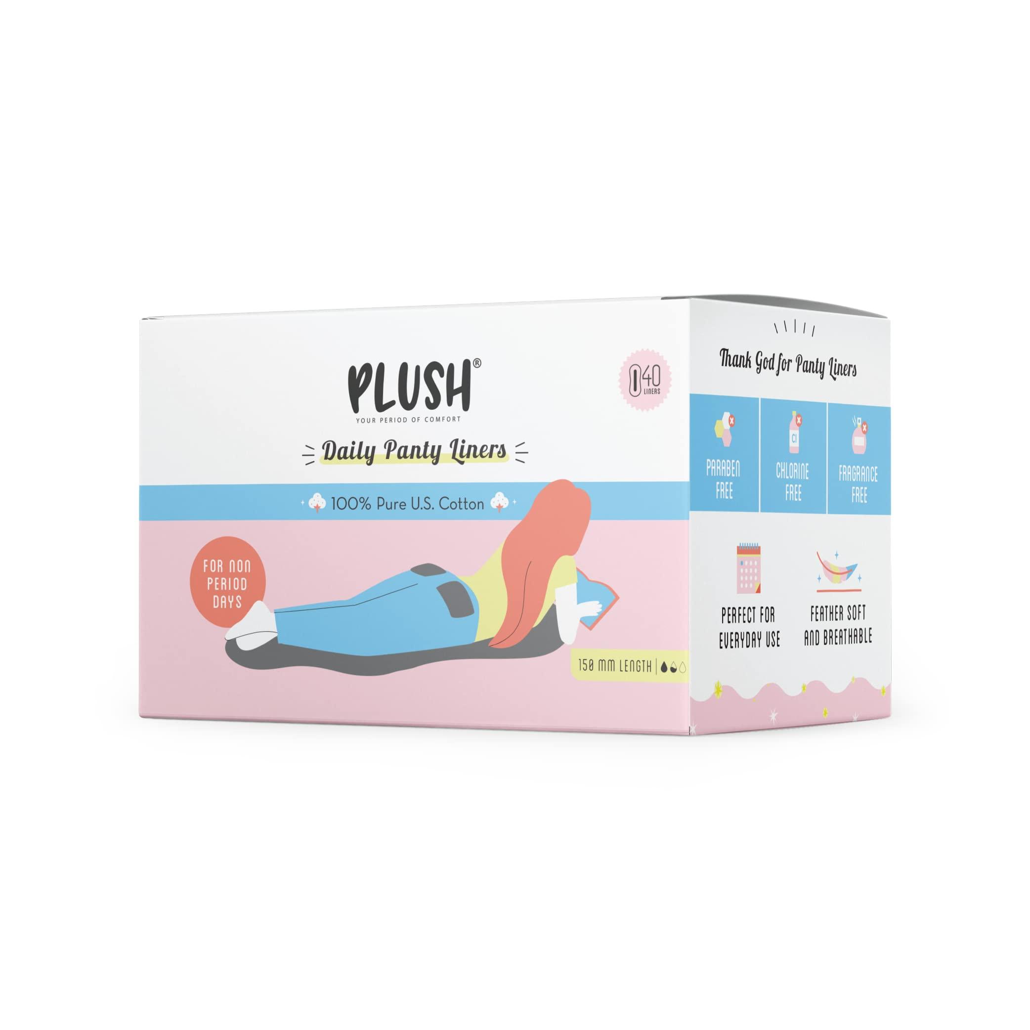 PLUSH Plush 100% Pure U.S. Cotton 30 Sanitary Pads for Women Each with Disposable Pouches | 16L Pads, 14XL Pads & 4 Panty Liners & Daily Ultra Thin Panty Liners for Women,40 Liners-150mm in Length
