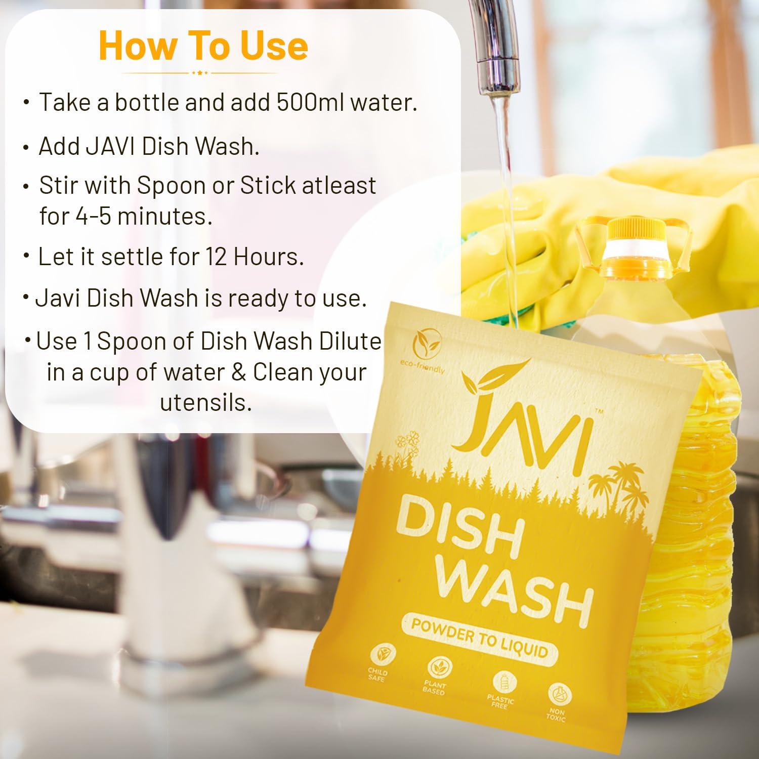 JAVI JAVI Dish Wash Powder to Liquid Refill Pack (10 Sachet = 5 Ltr) | Natural, Plant Based, Non Toxic & Eco-Friendly | Remove tough grease, soft on hands | Baby Safe & Pet safe | Crockery wash